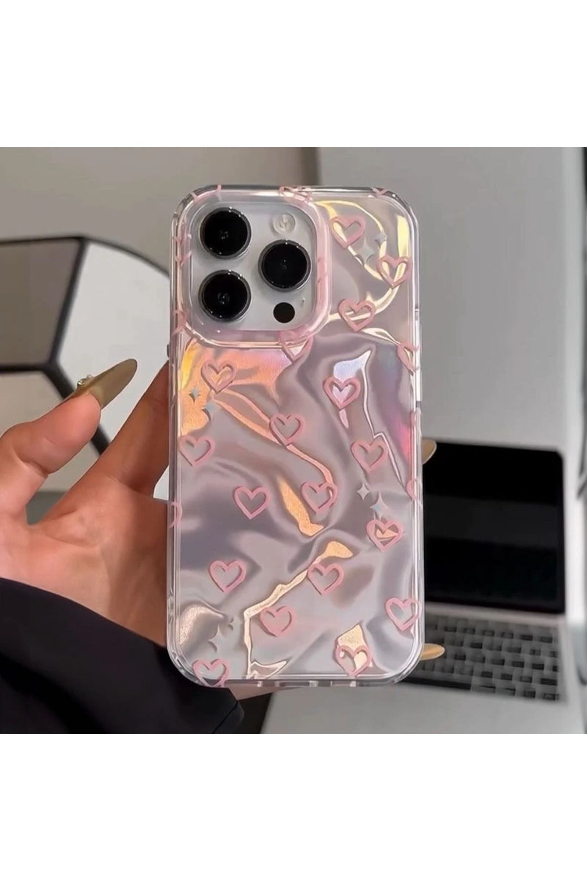 RONA STORE Apple iPhone 13 Pro Uyumlu Zebana Pembe Kalp Desenli Silikon Kılıf