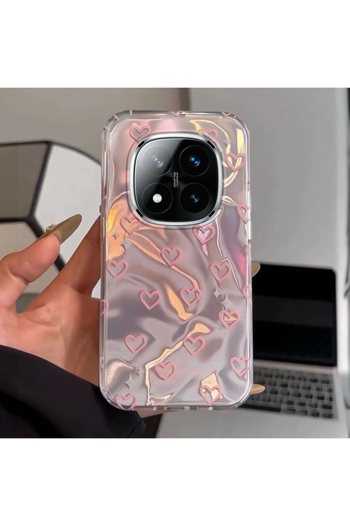 RONA STORE Xiaomi Redmi Note 14 Pro Plus 5G Uyumlu Zebana Pembe Kalp Desenli Silikon Kılıf