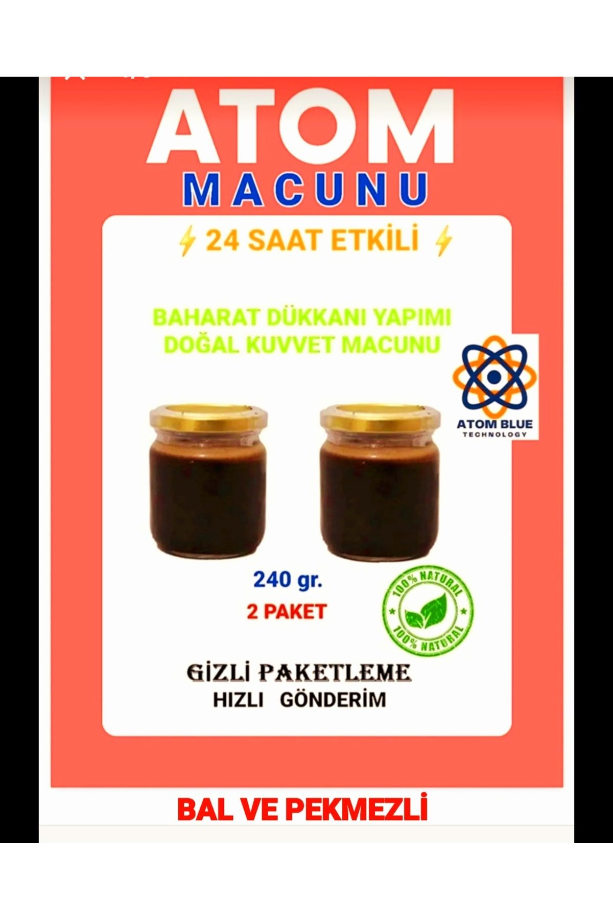 HANZADE GURME DOĞAL BALLI VE PEKMEZLİ KUVVET, ATOM MACUNU 240 GR BİTKİSEL KARIŞIM MACUN 2 PAKET