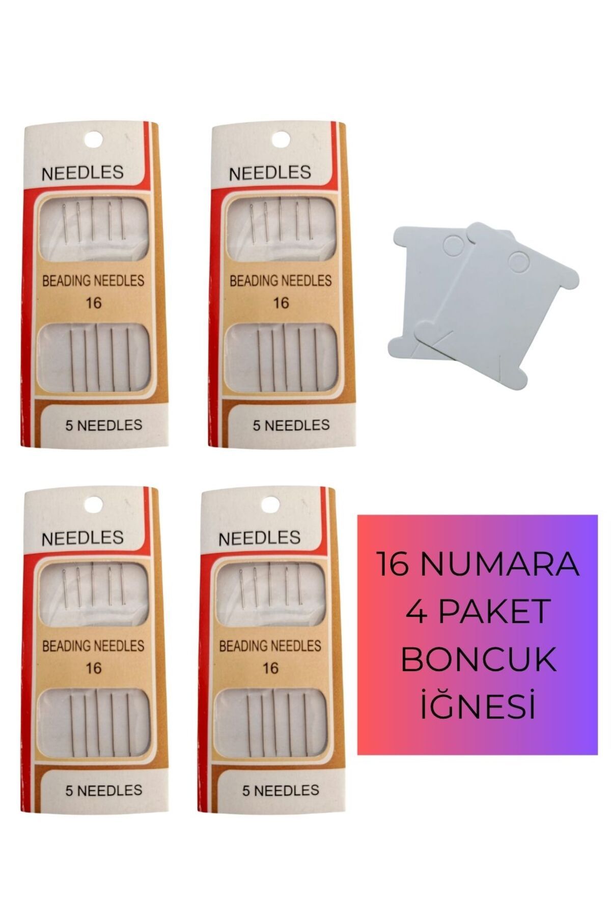 Eskişehir hobi sanat 16 Numara 4 Paket Silver Miyuki Iğnesi Esnek Kum Boncuk Iğnesi 5.5 Cm Ve 2 Adet Iplik Sarma Kartı