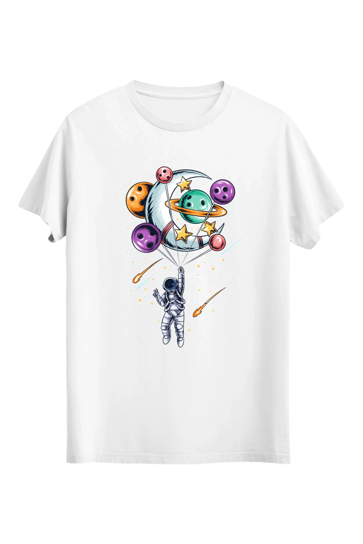 srcmarket Uzay Temalı Tshirt, Balonlu Astronot Baskılı Unisex Tshirt