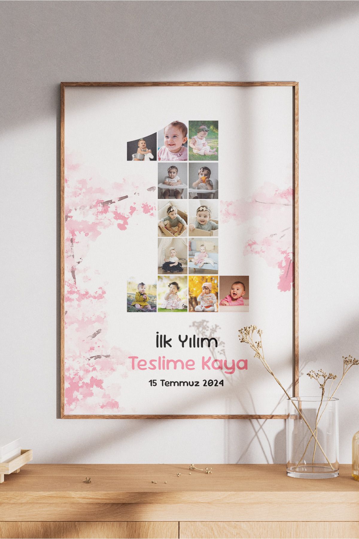 Sürpriz Vakti Kişiye Özel 1 Yaş Anı Fotoğraf Kolajı Poster | 13 Fotoğrafla İlk Yıl Anısı, Doğum Günü Hediyesi