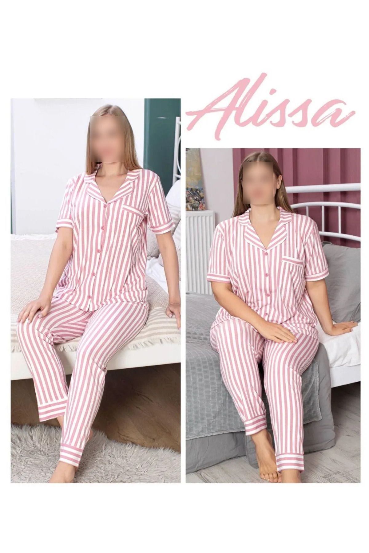 The Clover Kadın Pembe Çizgili Gömlek Yaka Kısa Kollu Pijama Takımı TH04CL61LSS