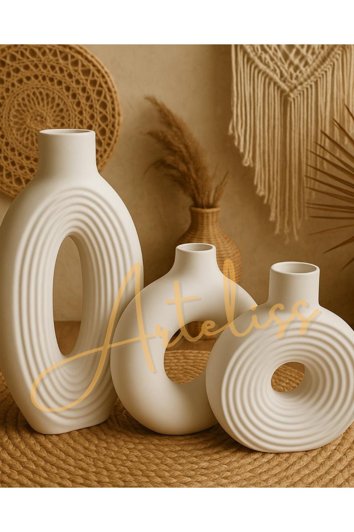Arteliss Bohem İskandinav Tarz 3'lü Set Dekoratif Büyük Vazo | Modern Tasarım | Minimal & Şık Salon Aksesuarı