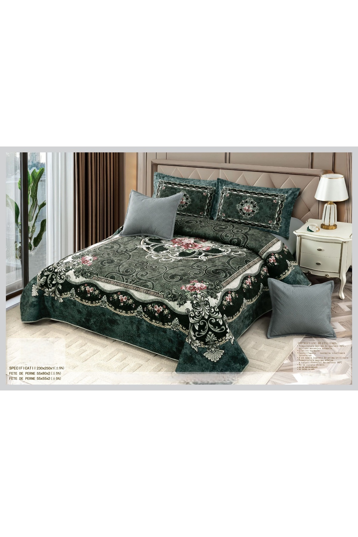 CHIRASO-CHIRASO Velvet Duvet Cover Set, 5 Pieces, 230x250, Abstract Print, dark green 4