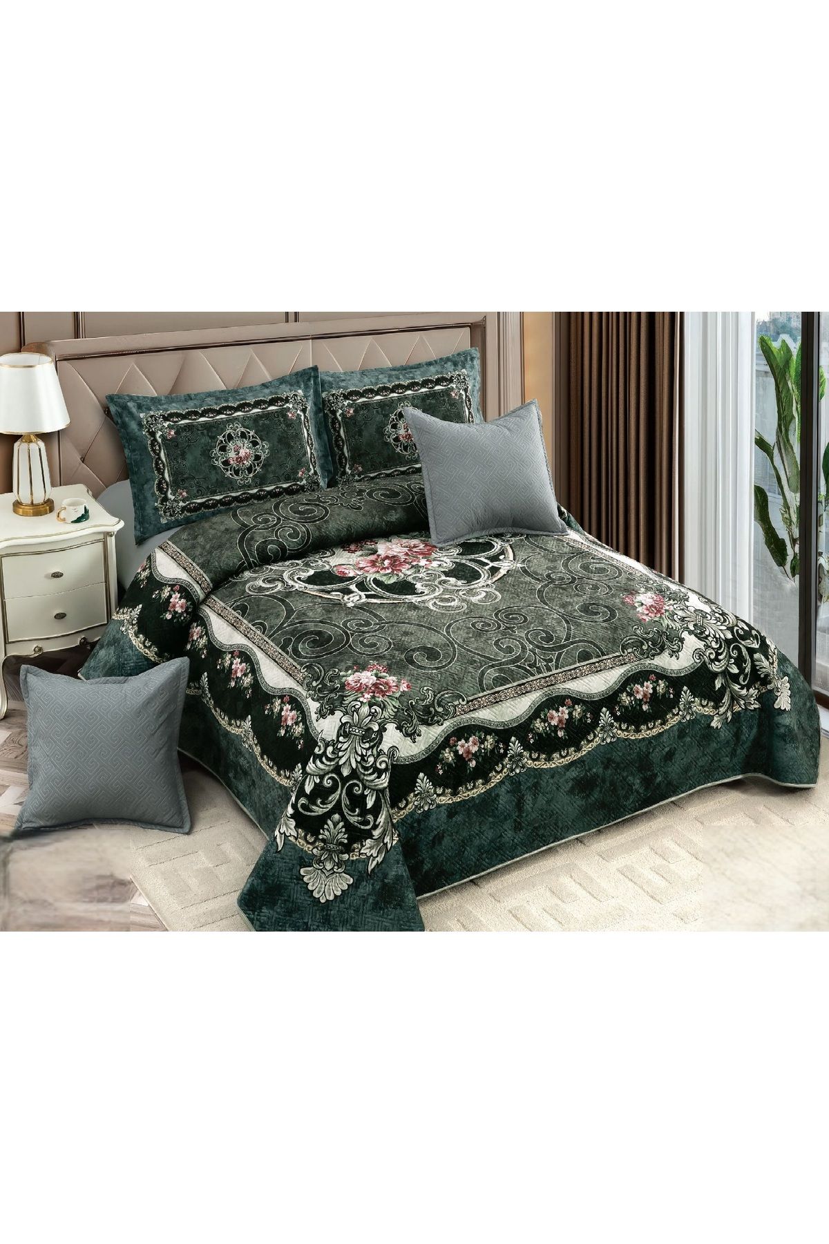 CHIRASO-CHIRASO Velvet Duvet Cover Set, 5 Pieces, 230x250, Abstract Print, dark green 5