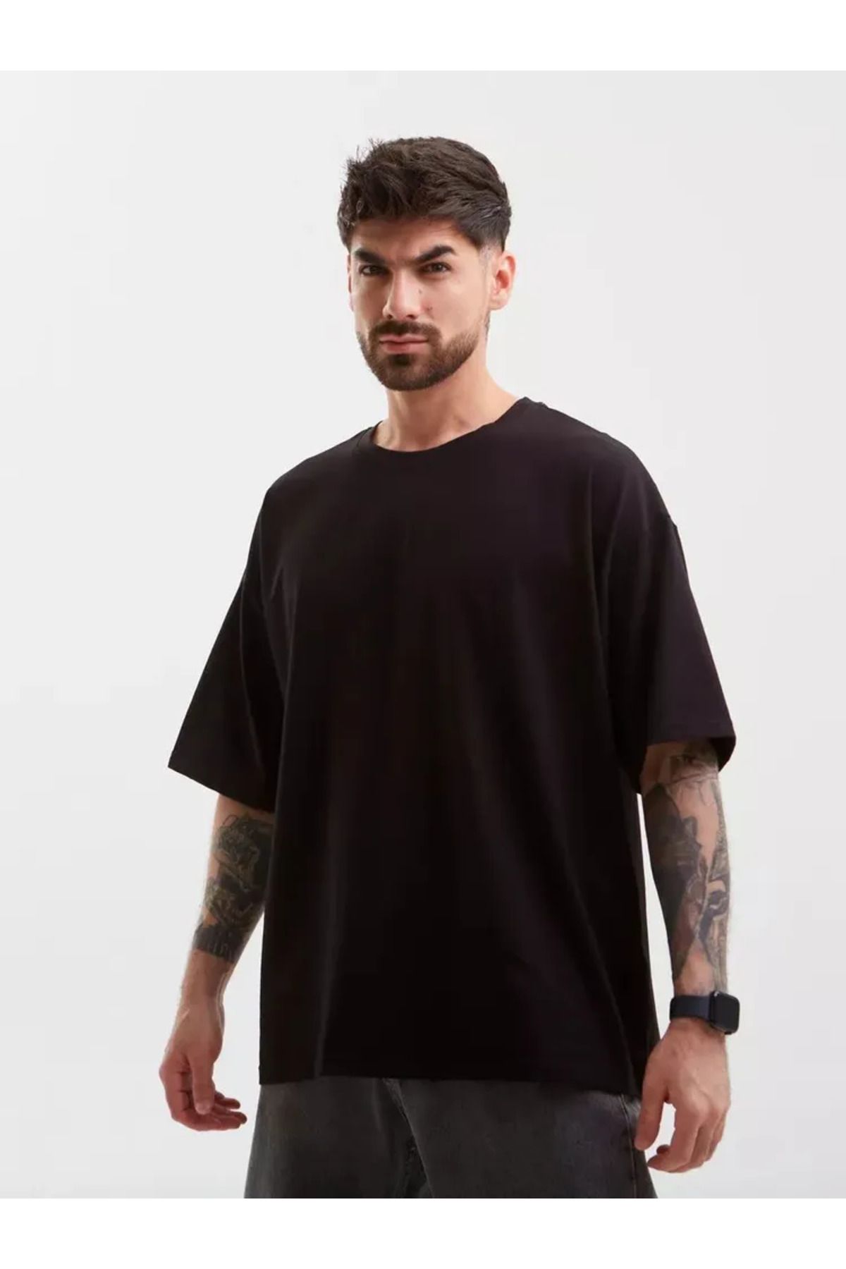 ELNOYA Unisex Pamuklu Siyah Oversize Sade Bisiklet Yaka Rahat T-shirt