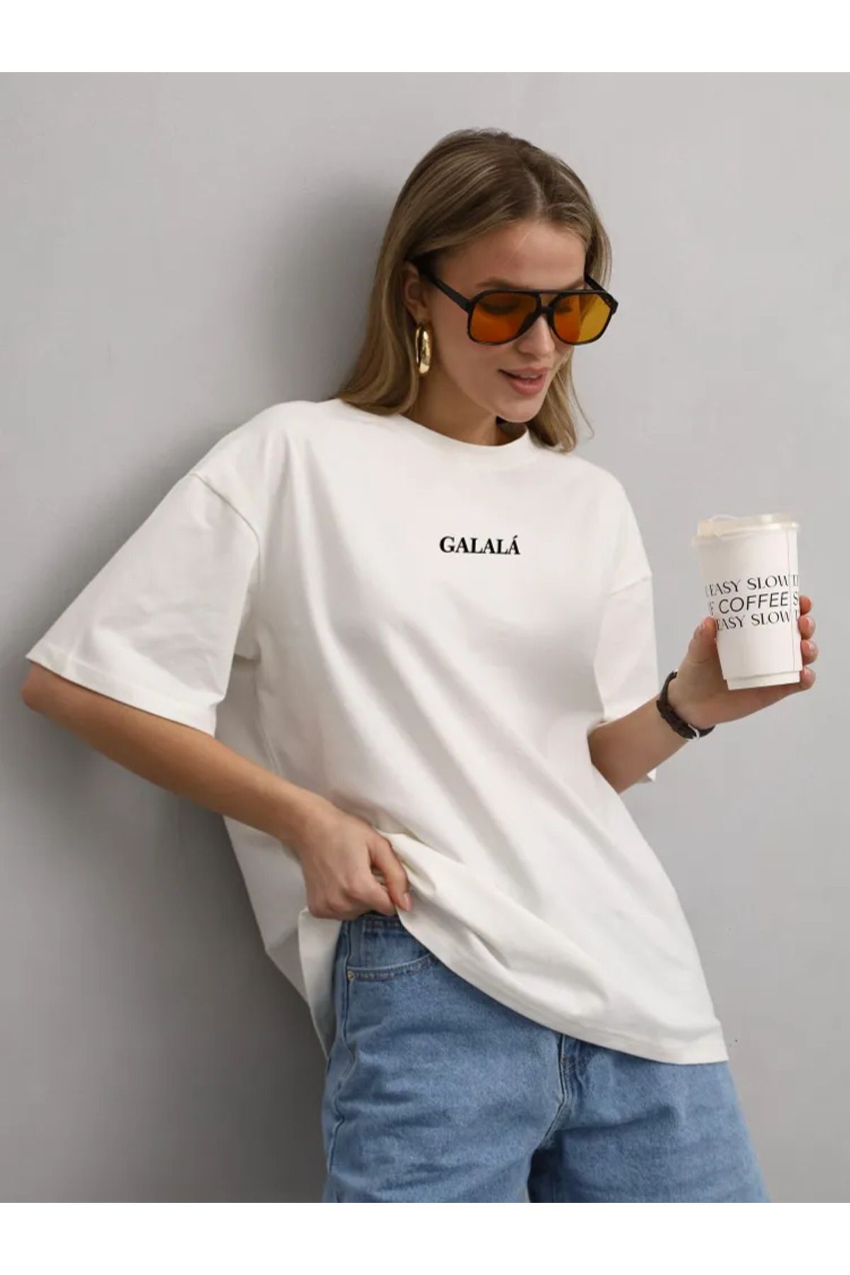 ELNOYA Unisex Pamuklu Beyaz Oversize "Galala" Baskılı Bisiklet Yaka Rahat T-shirt