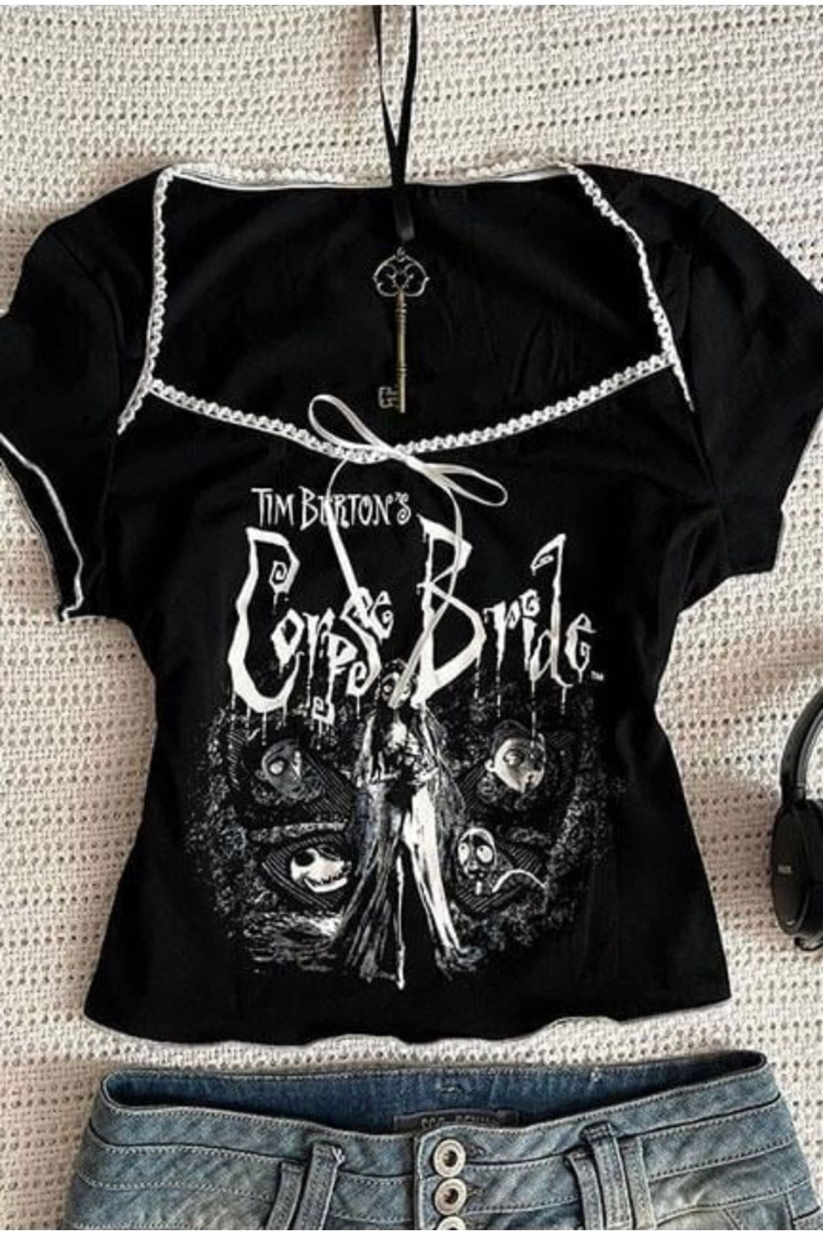 Pop Giyim Tim Burton Corpse Bride Dikiş Detaylı Kurdeleli Bluz