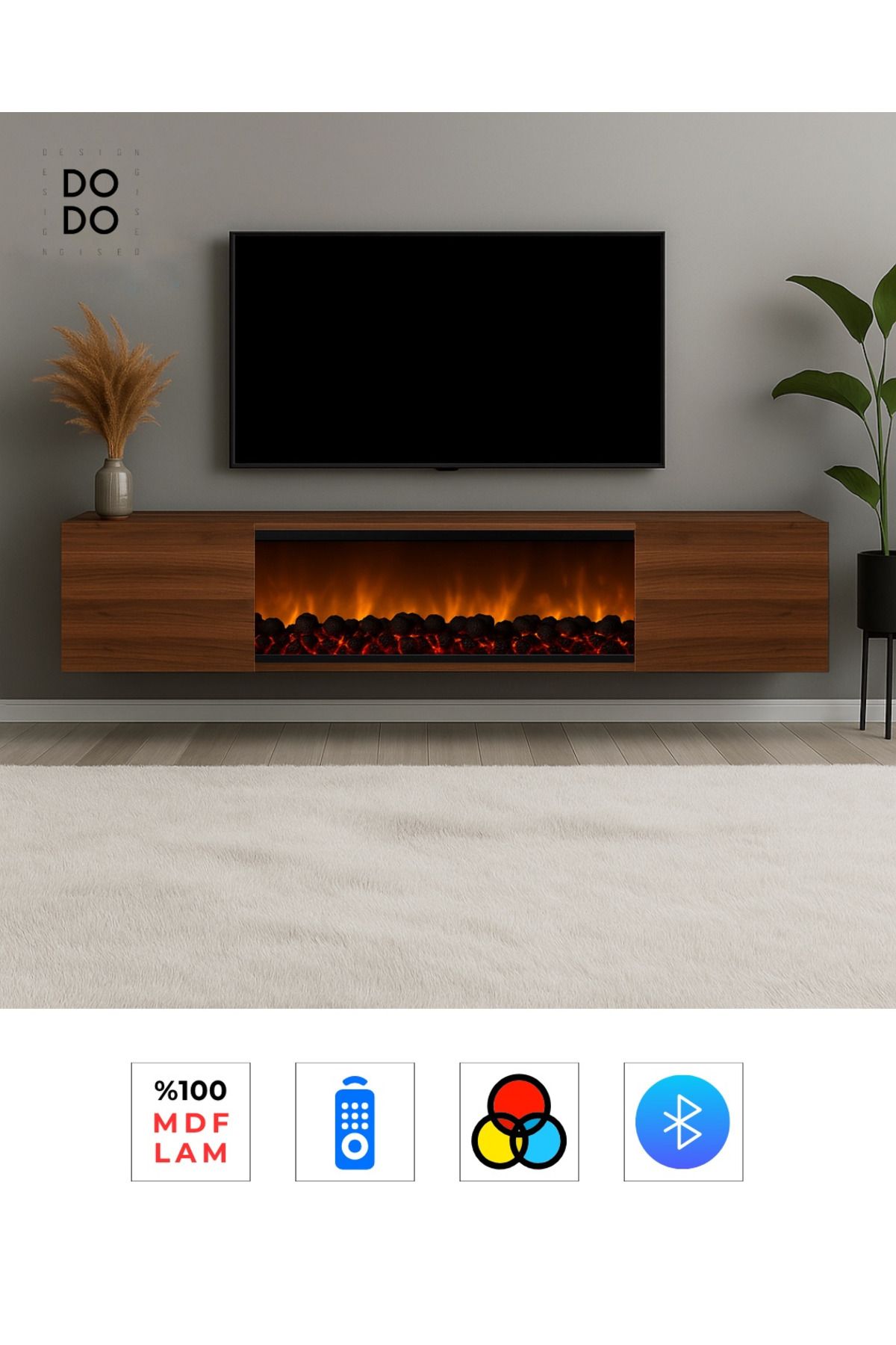Dodo İç Mimarlık & Mobilya Tasarım PEMA ŞÖMİNELİ DUVARA MONTE TV ÜNİTESİ MDF 180 CM RENK MODU BLUETOOTH UZAKTAN KUMANDALI