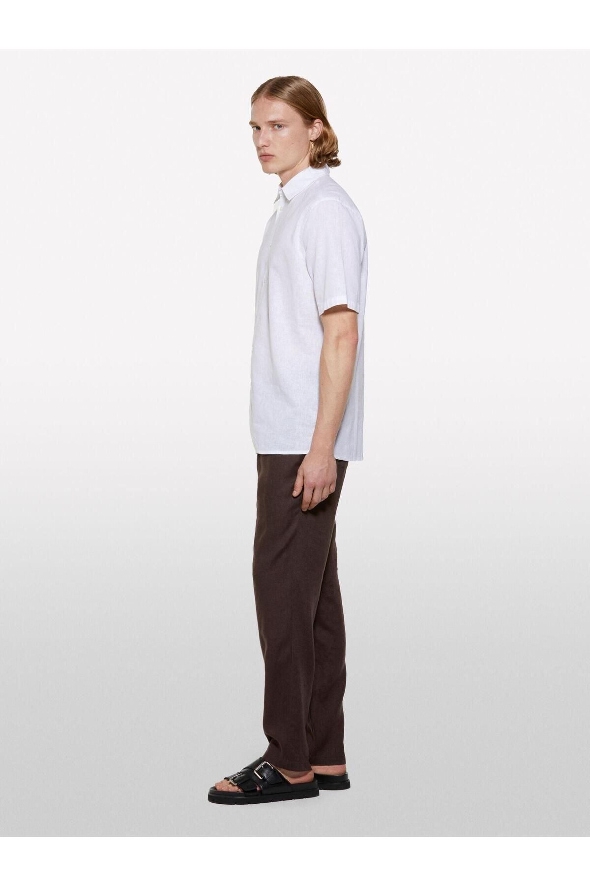 Sisley Keten Karışımlı Regular Fit Kısa Kollu Gömlek Erkek Beyaz Gömlek - 325P51FCSQ03K