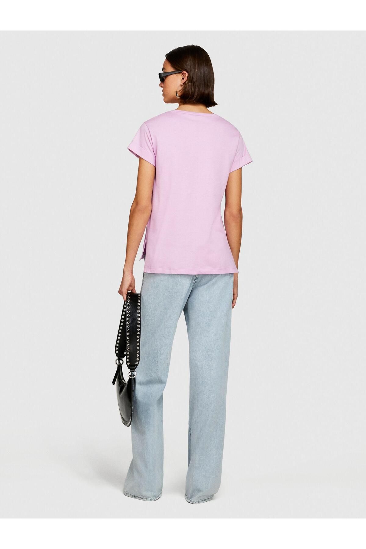 Sisley %100 Pamuk Geniş Bisiklet Yaka Dar Kesim Düz T-Shirt Kadın Sarı T-Shirt - 324P3I1XL1058