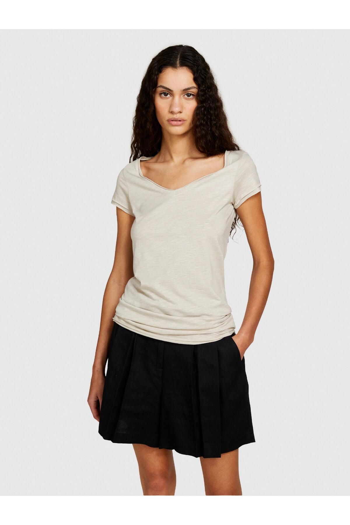 Sisley Pamuk Modal Karışımlı V Yaka T-Shirt Kadın Gri T-Shirt - 324P3TNHL400E