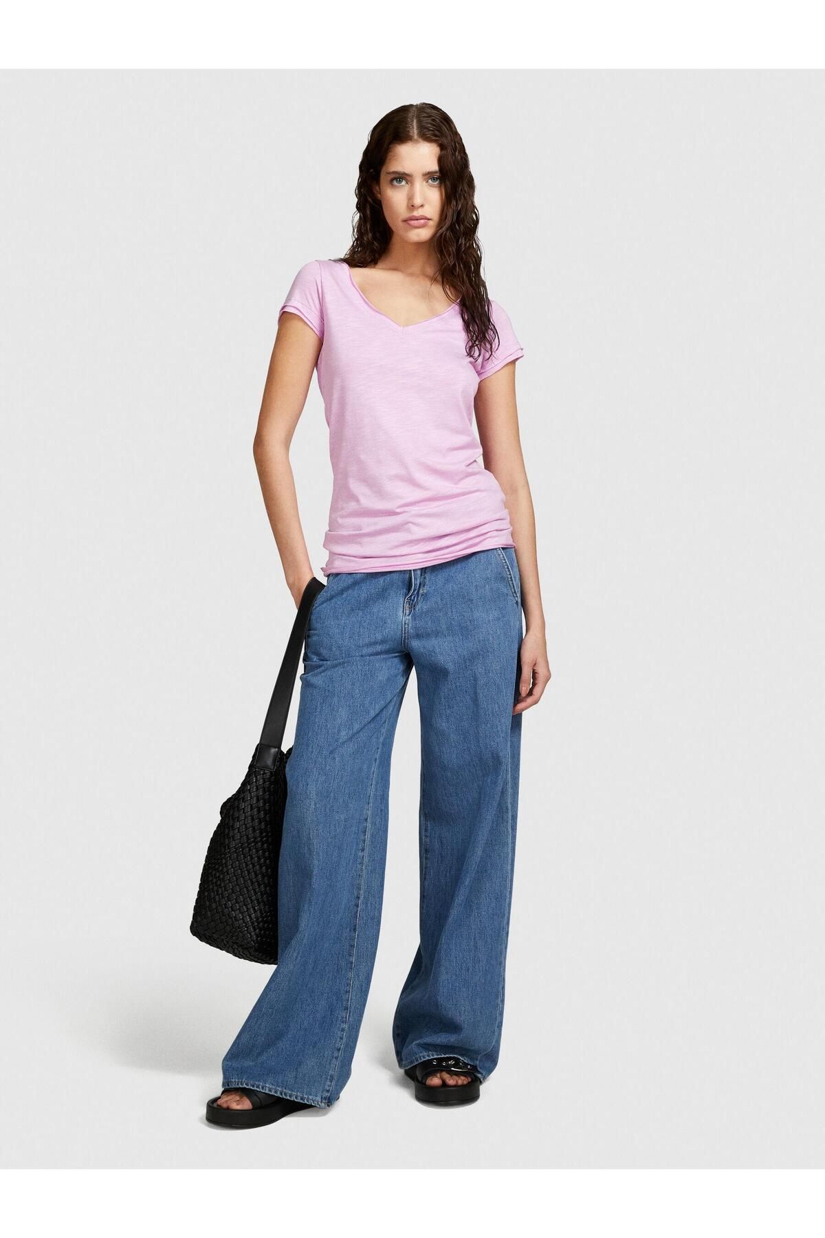 Sisley Pamuk Modal Karışımlı V Yaka T-Shirt Kadın Sarı T-Shirt - 324P3TNHL400E