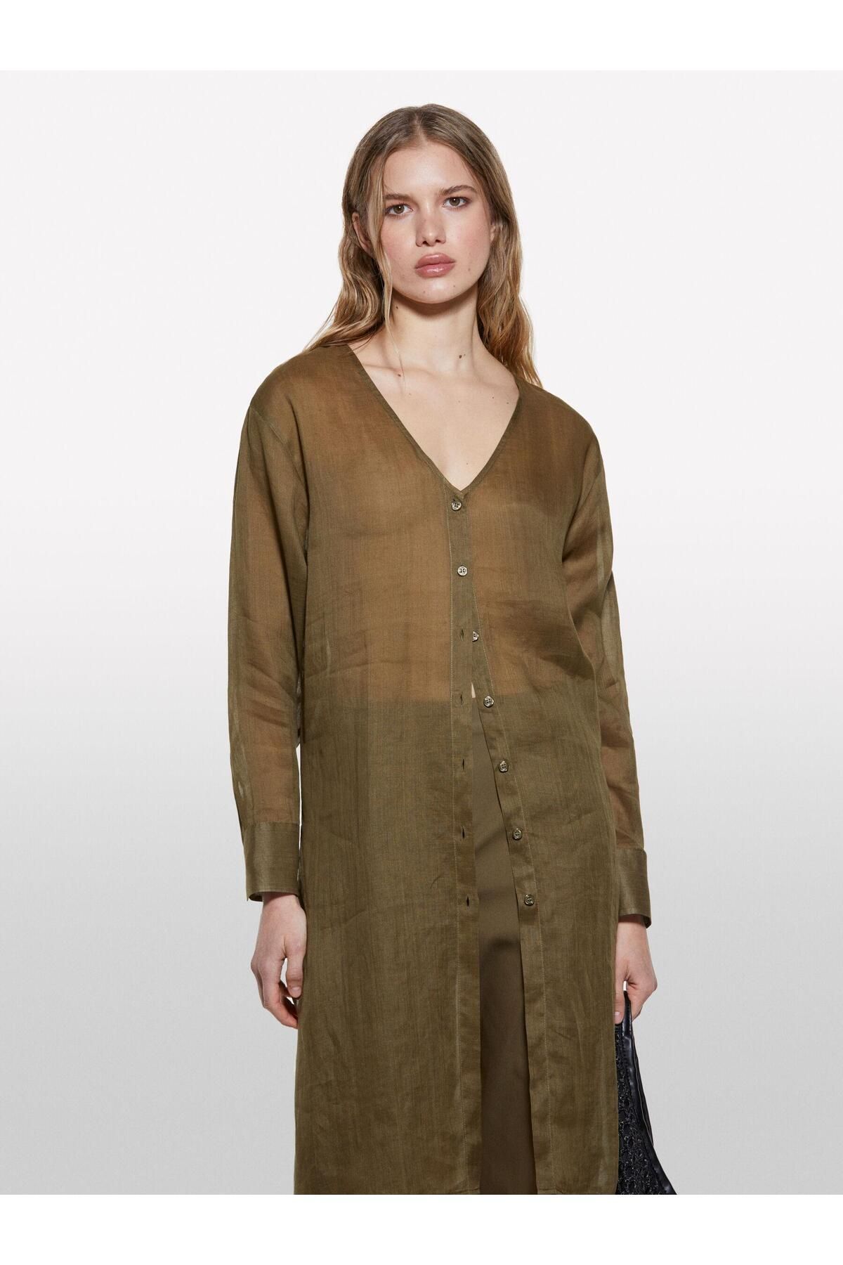 Sisley %100 Rami Manşetli V Yaka Uzun Gömlek Kadın Yeşil Gömlek - 325P5XJZLQ096