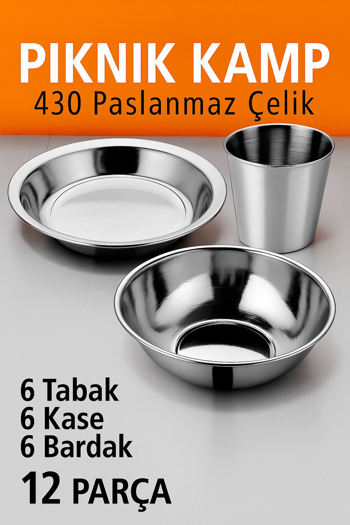 Metler Paslanmaz Çelik Kamp Piknik Seti 18 Parça | Tabak Kase Bardak Seti | 430 Kalite Çelik