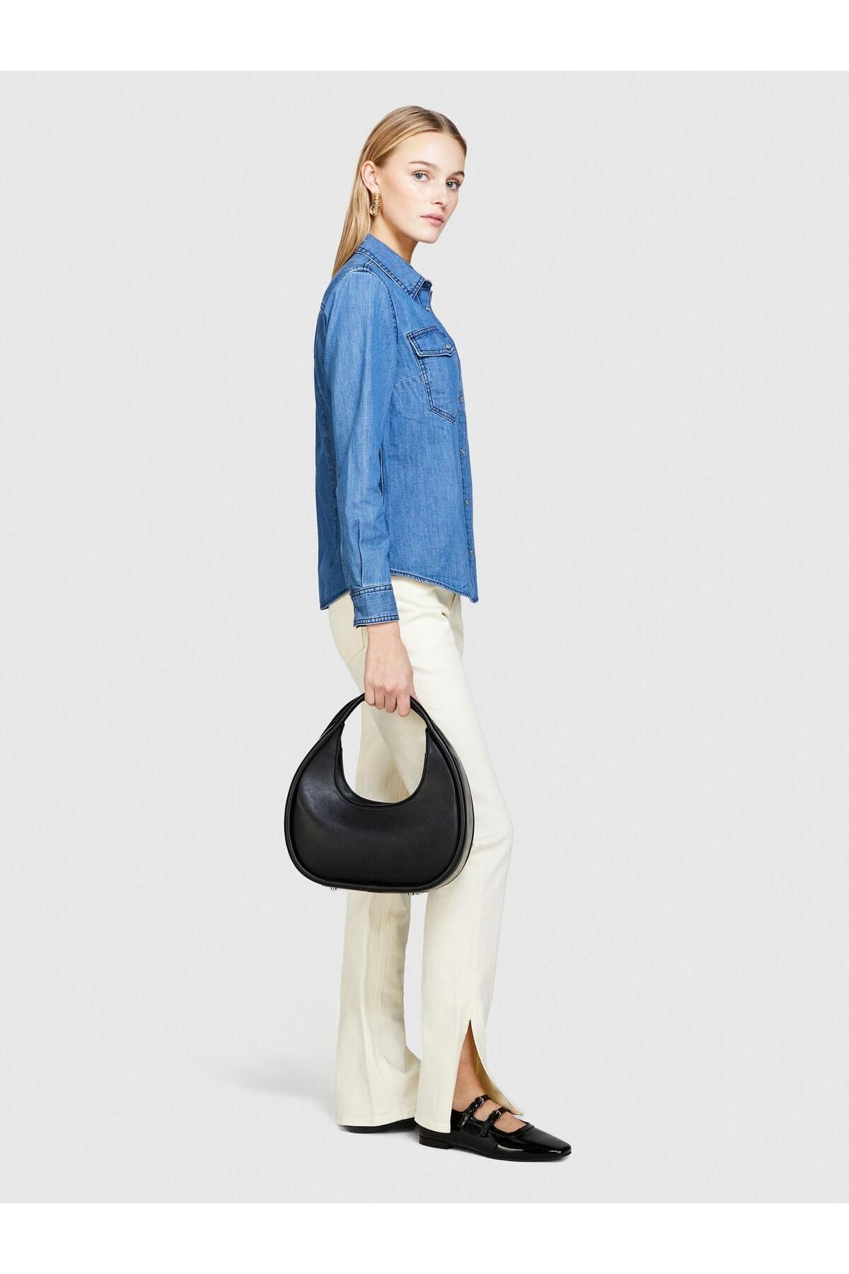 Sisley %100 Pamuk Kapaklı Cepli Denim Gömlek Kadın Siyah Mix Gömlek - 324P5FV6LQ028