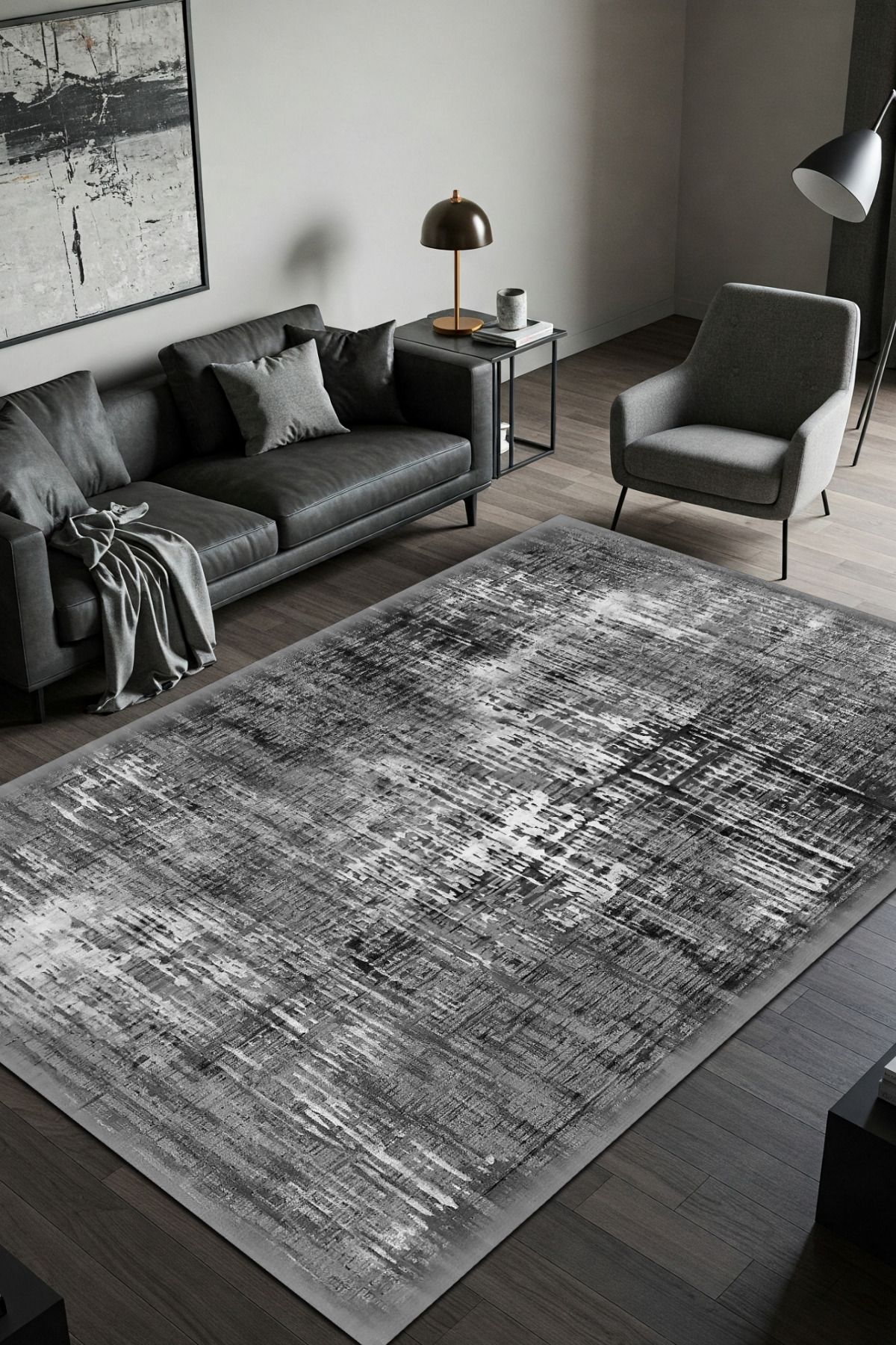 The Reef Design Siyah Vintage Halı Dijital Baskılı Pamuk Kaymaz Tabanlı Yıkanabilir Yazlık Halısı
