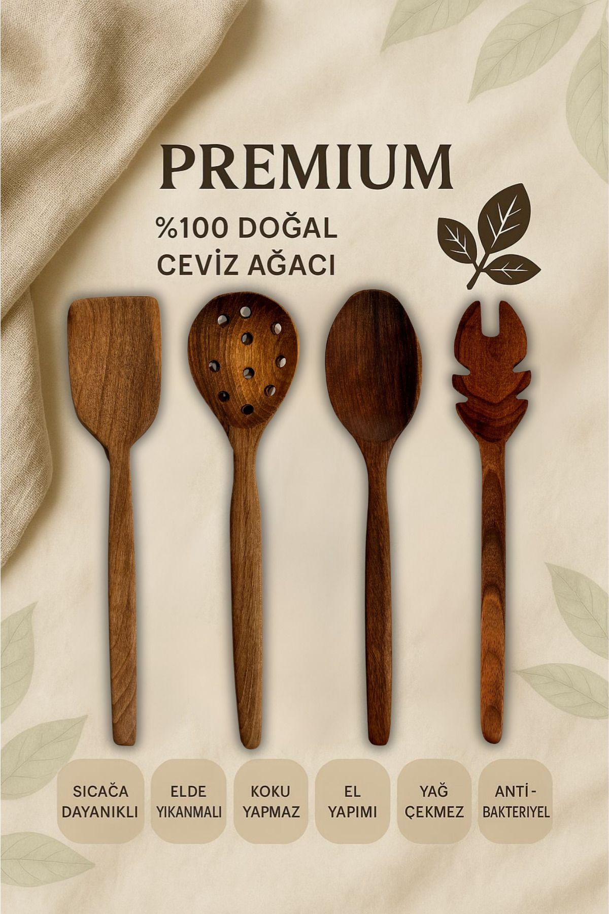 Ülgenev 4'lü %100 Doğal Çizme Yapmaz Ceviz Ağacı Ahşap Mutfak Seti – Spatula, Kaşık, Kevgir, Maşa