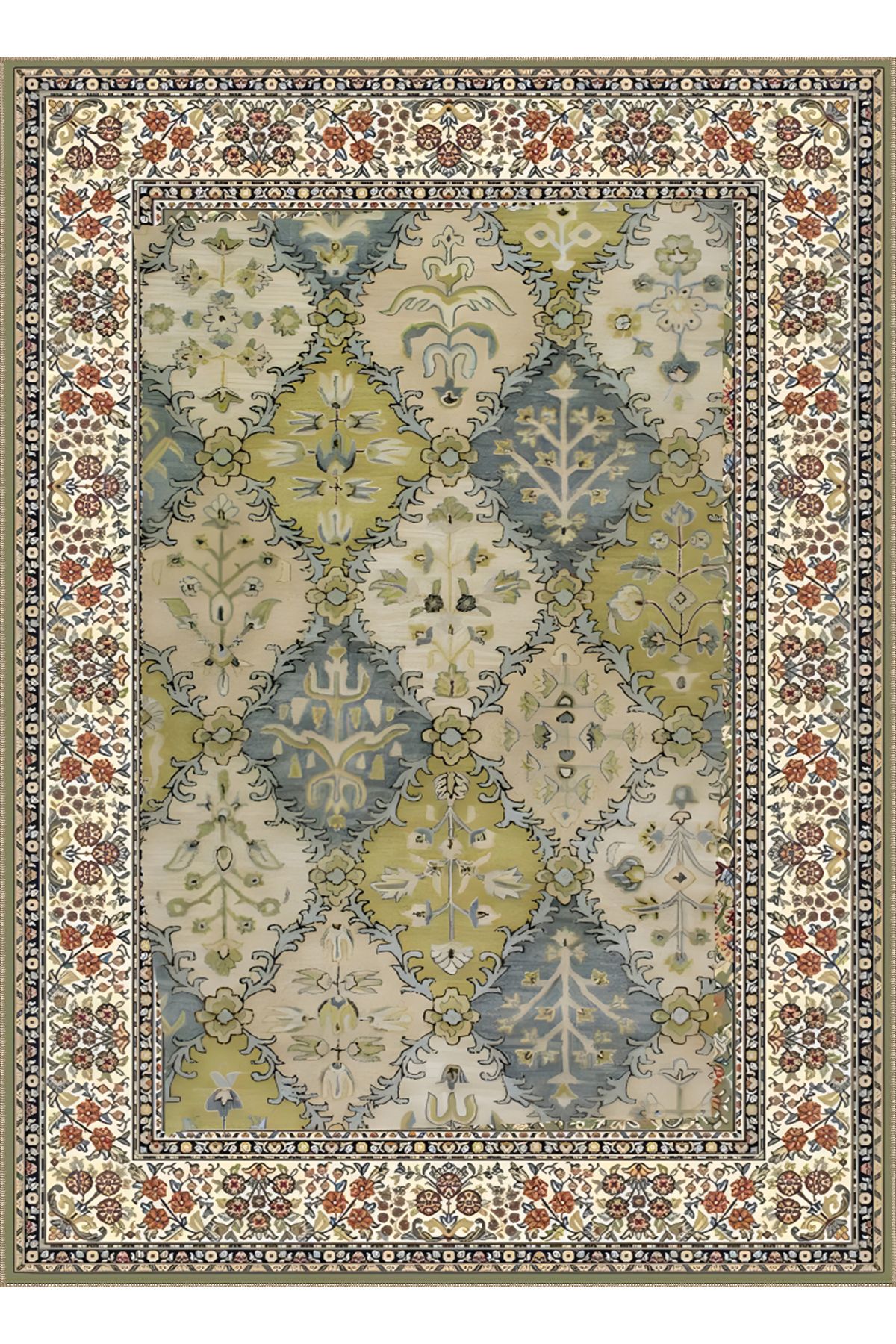 Rugs Modern Halı Kemal Koleksiyonu Yeşil Gri Tonlarda Geleneksel Detaylı Desen Dokuma Taban Dekoratif Halı kemal62