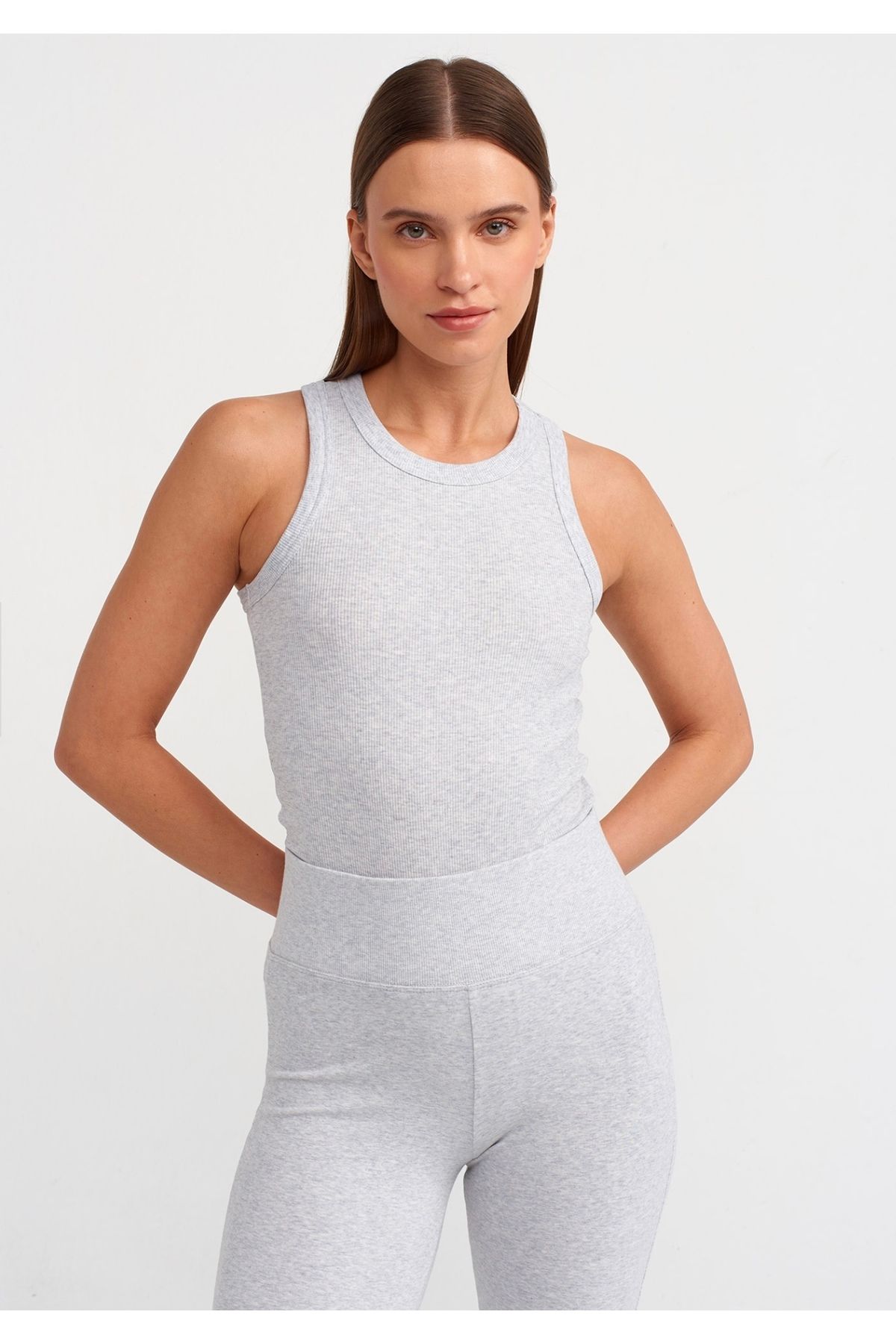 Dilvin 20853 Halter Yaka Fitilli Atlet - Gri Melanj