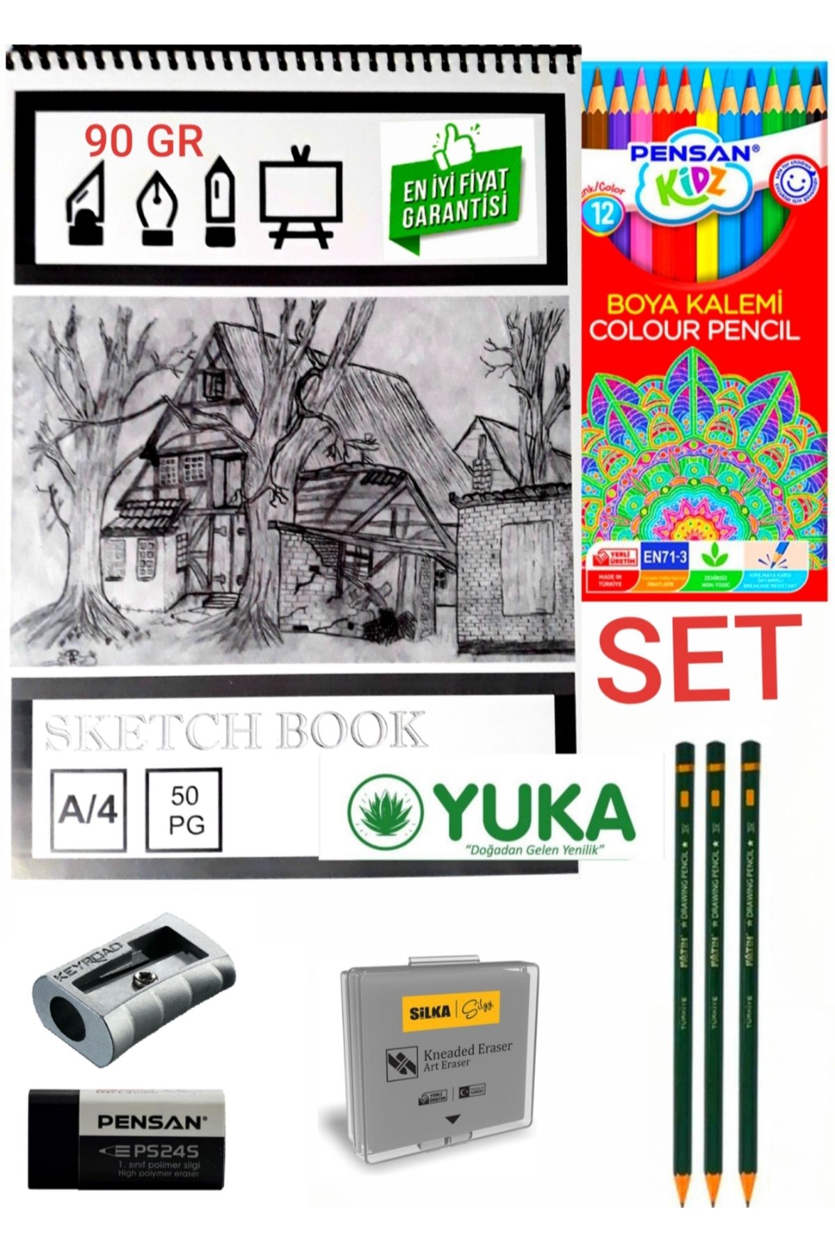 Yuka A4 Eskiz Defteri Dereceli Kalem Seti 2B,7B,H,Hamur Silgi ve kalemtraş + silği + KURU BOYA