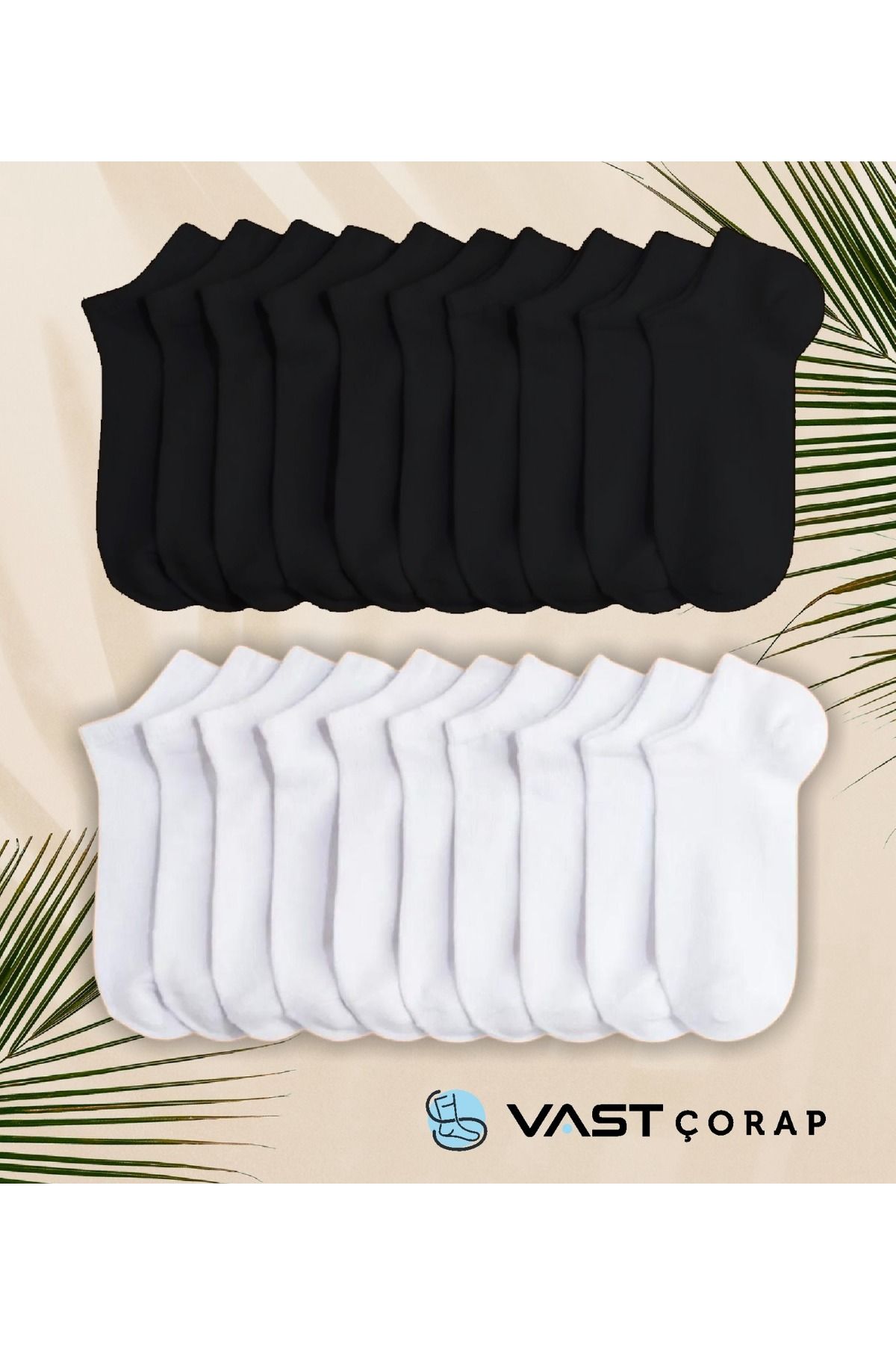 Vast 20 Çift Ekonomik Paket Patik Çorap 10 Çift Siyah 10 Çift Beyaz