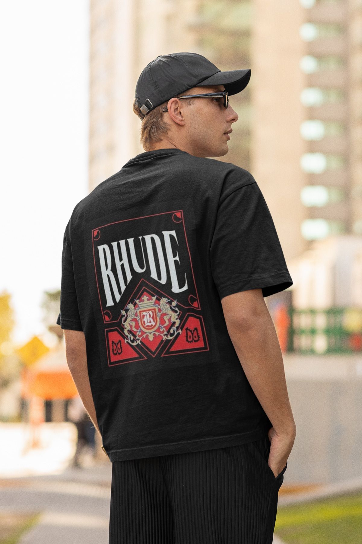 MAGORS RHUDE SIRT BASKILI BİSİKLET YAKA PAMUKLU OVERSIZE KALIP KISA KOLLU ERKEK TSHIRT
