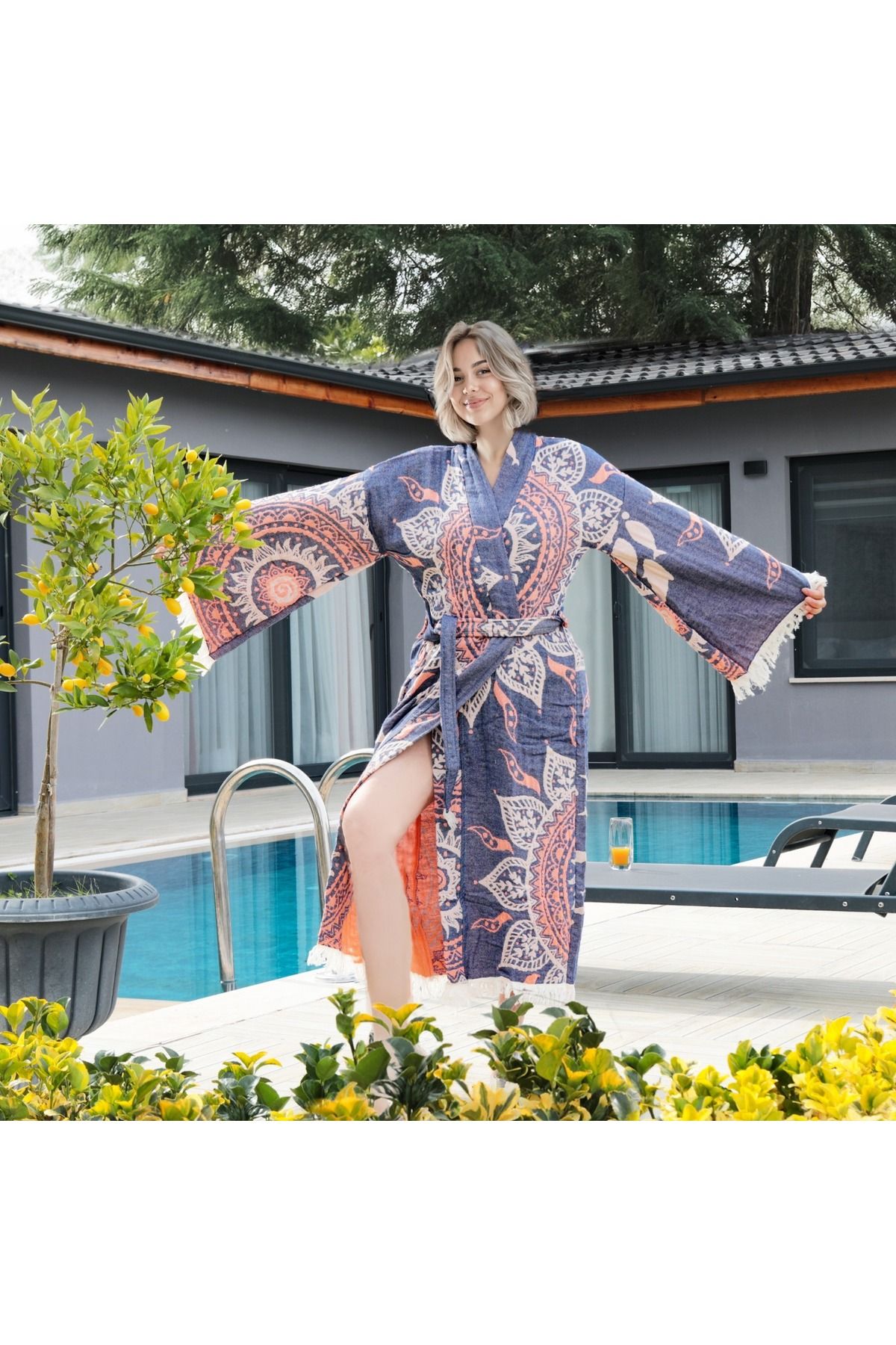 Home Kimono Kaftan %100 Pamuk Jakarlı Müslin