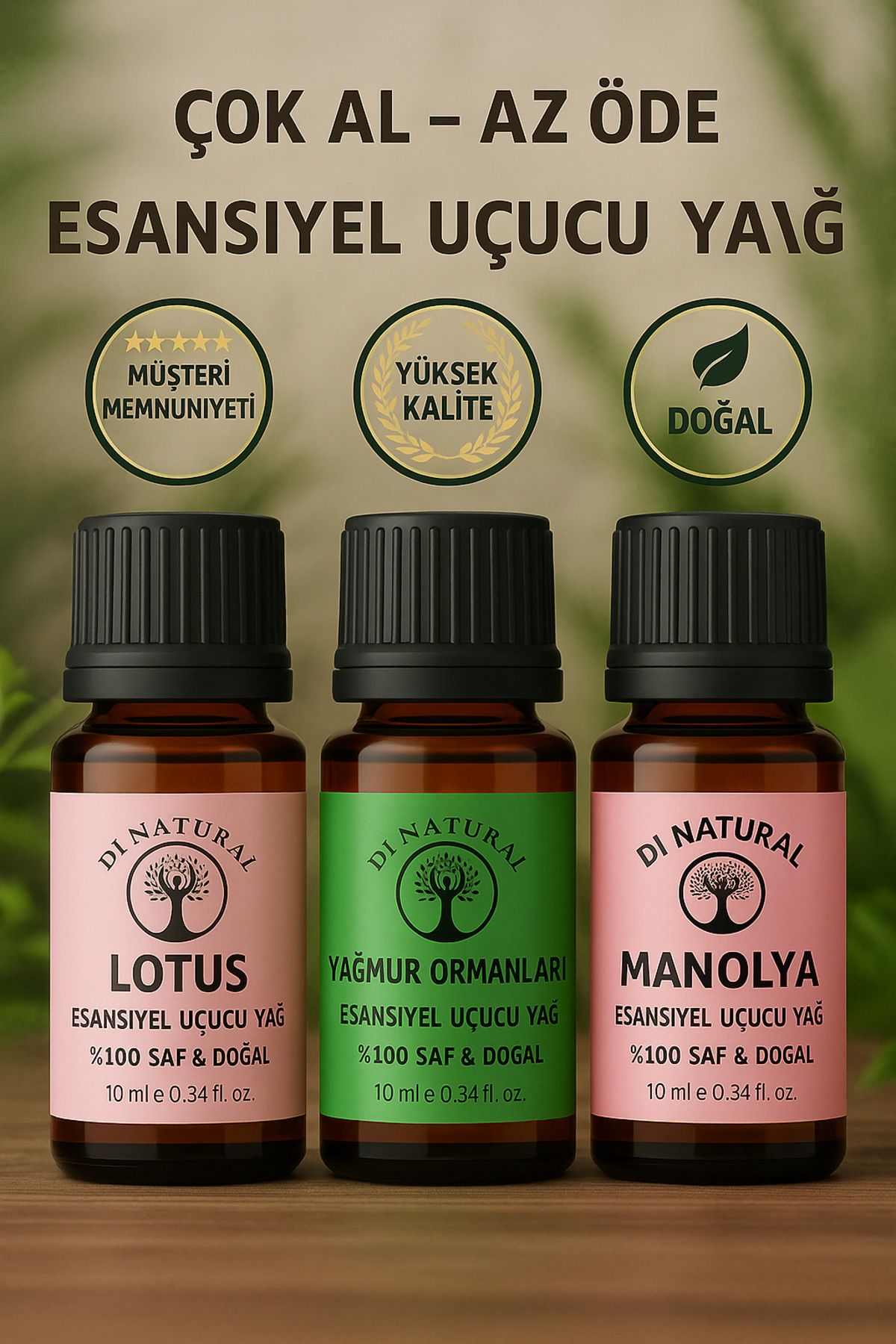 di naturel 3'lü 2. Set Uçucu Yağ %100 Saf Doğal Esans Buhurdanlık Difüzör Oda Esansı 10 ml