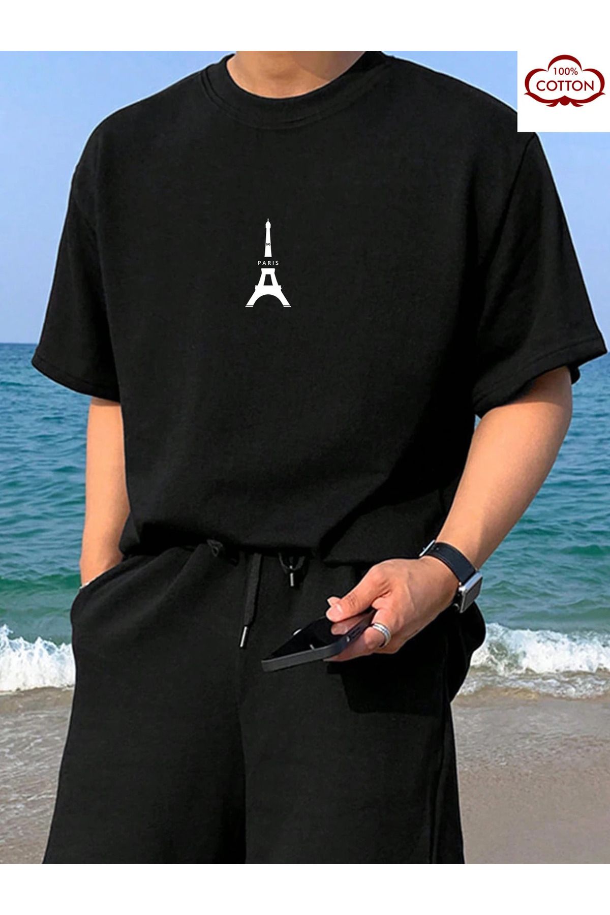 İnazuma Outdoors Unisex Oversize Baskılı Pamuklu Bisiklet Yaka Kısa Kollu SİYAH T-shirt