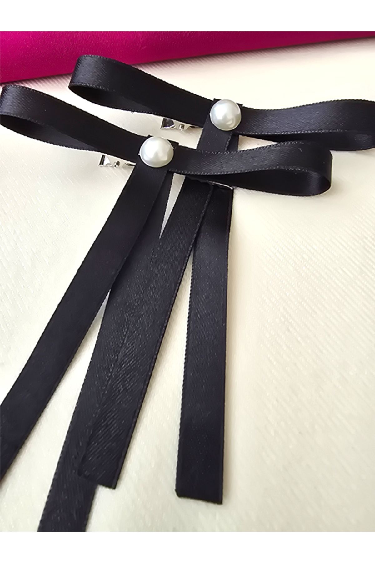 Riccoco Accessory 2'li Siyah İnci Detay Saten Kurdele Fiyonk Toka Pens Toka