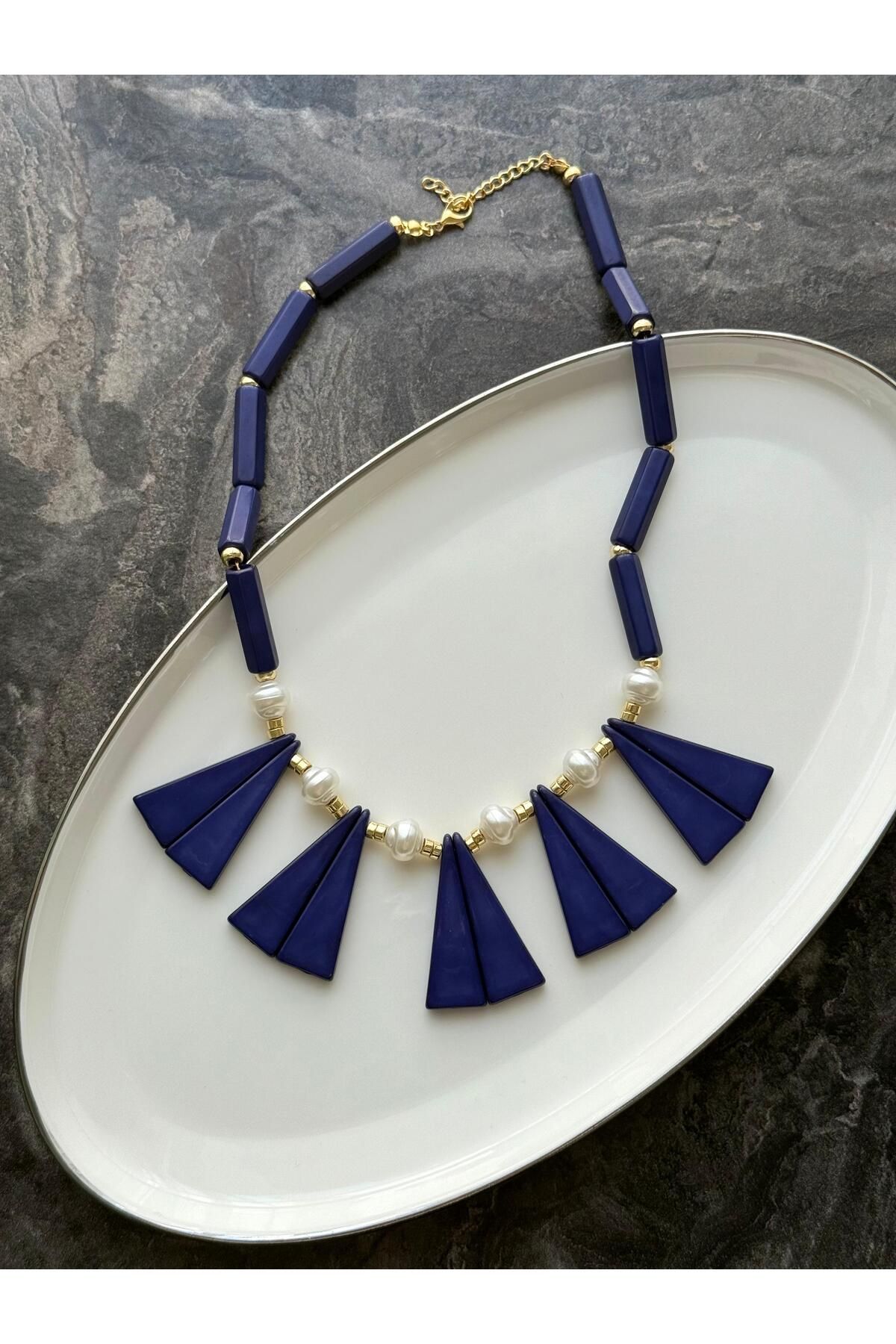 Nera Accessories Mavi Taşlı İncili Kolye