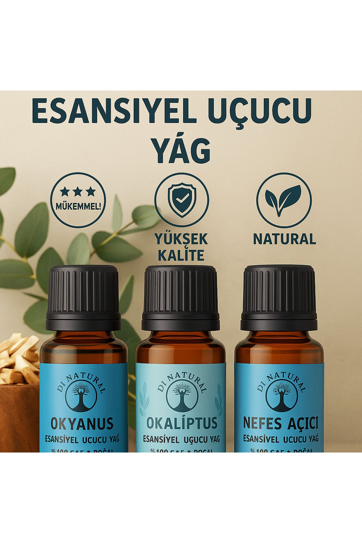 di naturel 3'lü 3. Set Uçucu Yağ %100 Saf Doğal Esans Buhurdanlık Difüzör Oda Esansı 10 ml