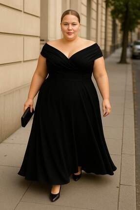 angelino butik Büyük Beden Esnek Ve Likralı Kayık Yaka Uzun Abiye Elbise ND4010