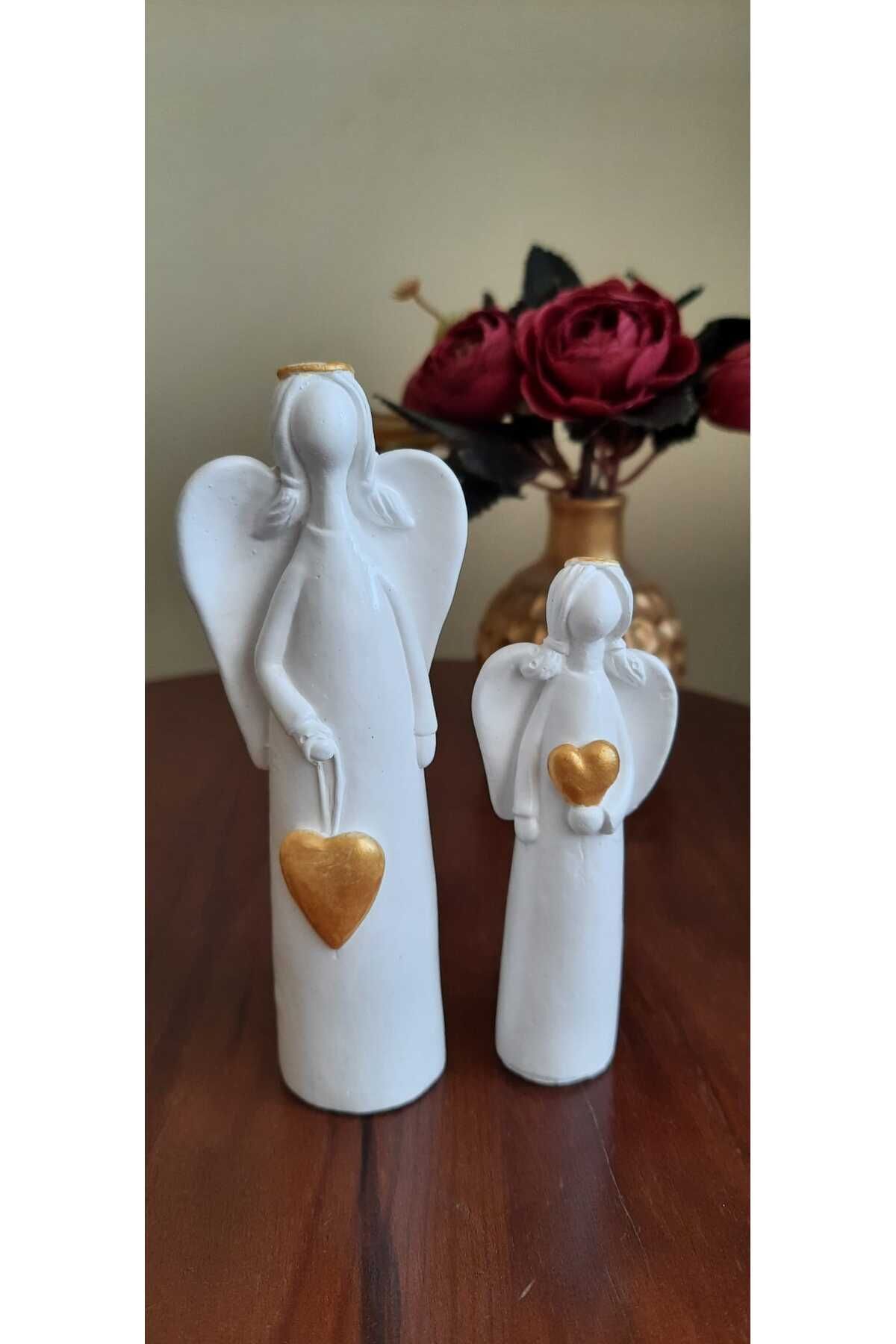 SerenityHaven Anneler Gunu Hediye Melek Biblo 2'li Set,vernikli Gold Kalp Detaylı Melek Dekoratif Hediye Seti