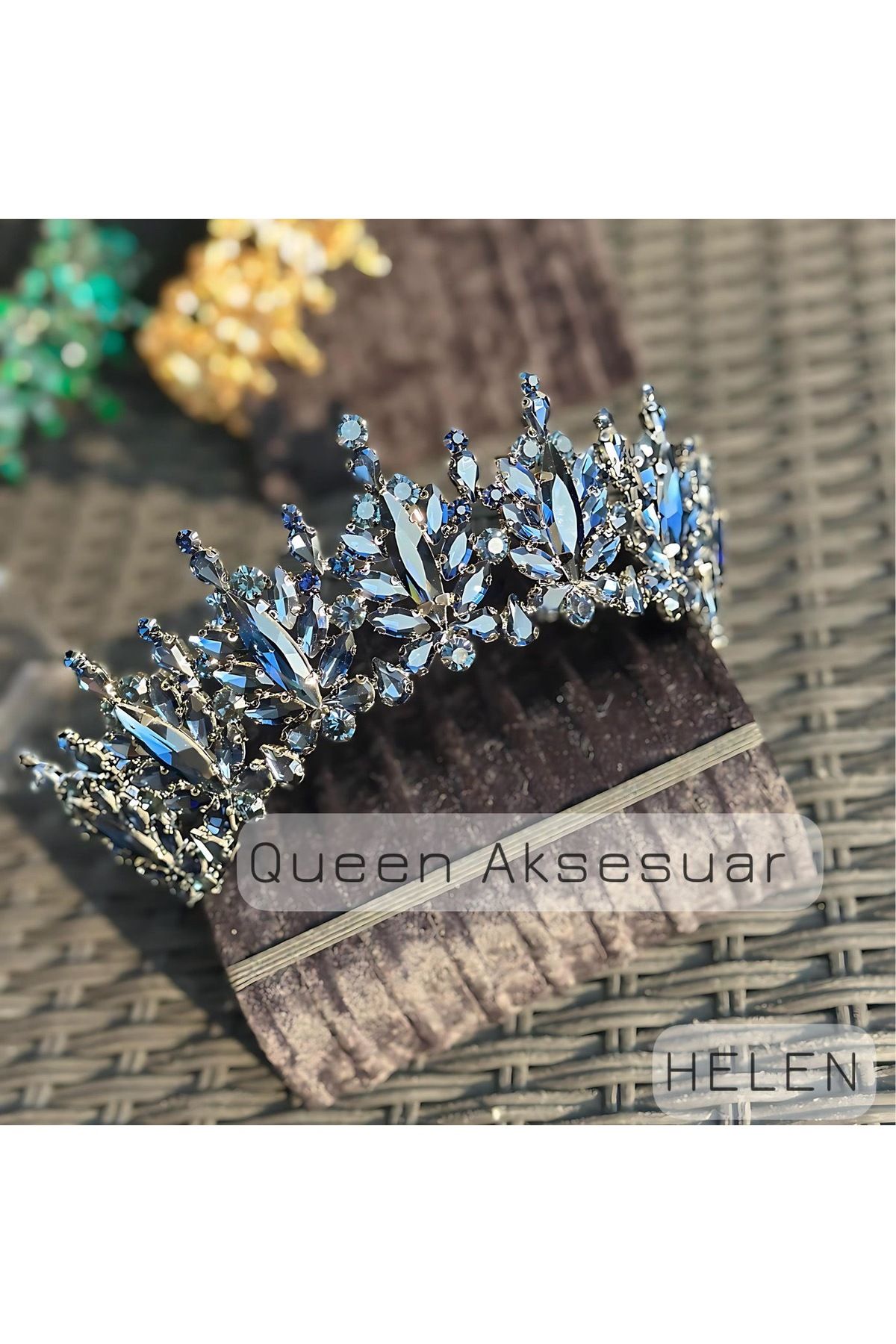 QUEEN AKSESUAR Helen safir gece mavi lacivert kristal taşlı lüks tasarım nişan gelin tacı metal taç otantik motifli