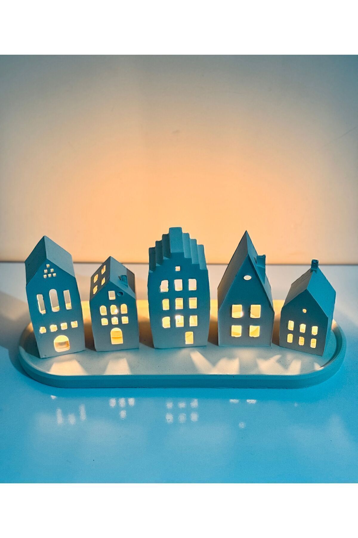 SerenityHaven Beton Evler Seti 5’li Iskandinav Evler Sunum Tepsi Stand Ile Tealight Mumluk Dekoratif 6 Parça