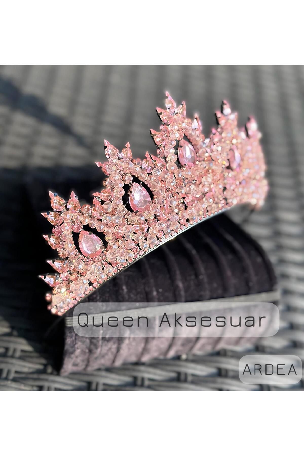 QUEEN AKSESUAR Ardea morganit pembe kristal taşlı lüks tasarım nişan gelin tacı metal taç yüksek otantik motifli