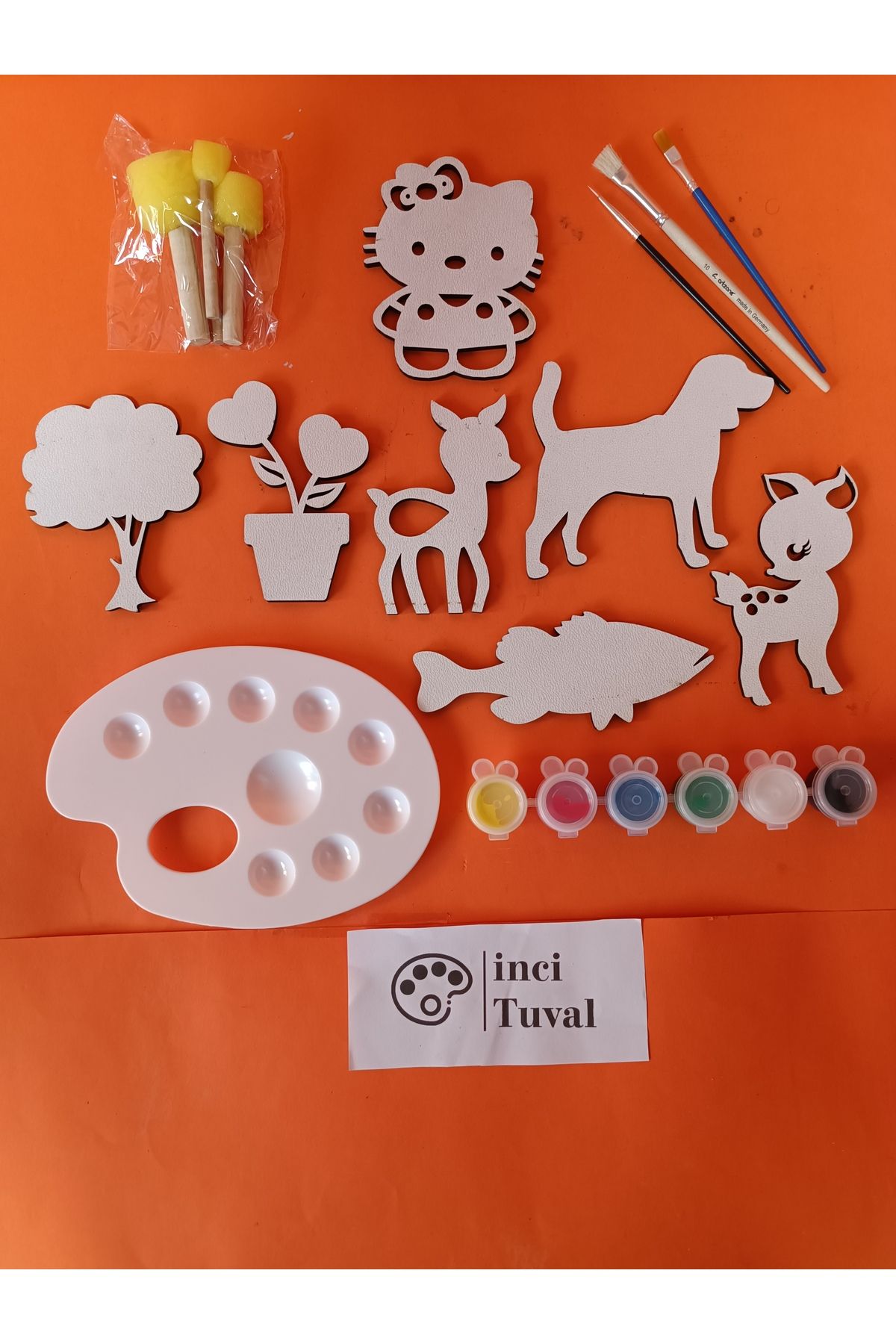İNCİ TUVAL 7 Adet Büyük Boy Hayvan Bitki Çiçek Figür Okul Öncesi Etkinlik Ahşap Oyuncak Akrilik Boya Fırça Seti