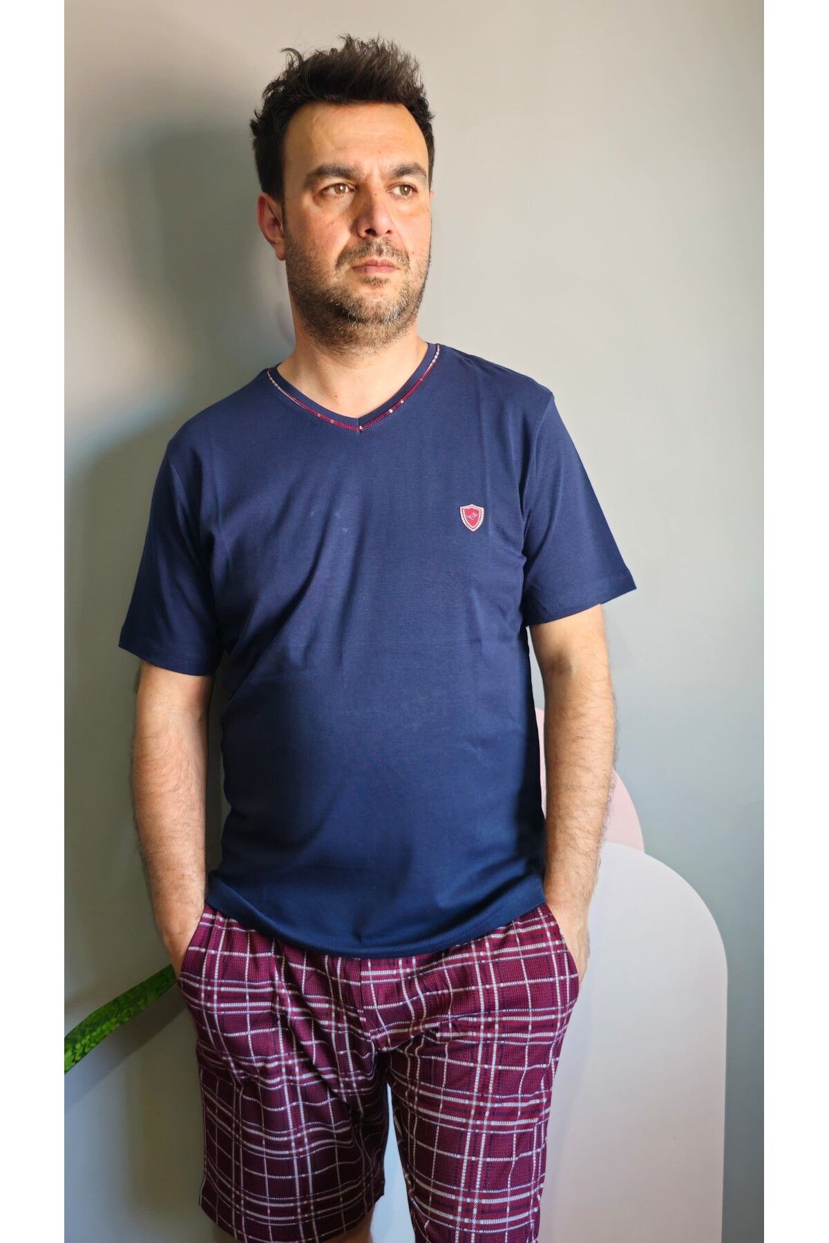 Butik Erkek V Yaka Bordo Ekose Şort Takım % 100 Pamuk