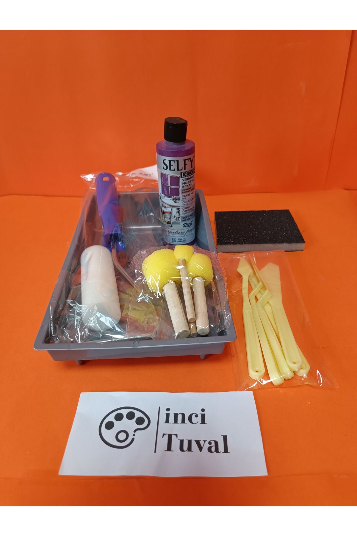İNCİ TUVAL Mobilya Set Ahşap Boyama Selfy Decor Amatis 240cc Boya Kendinden Vernik Ponpon Rulo Spatula