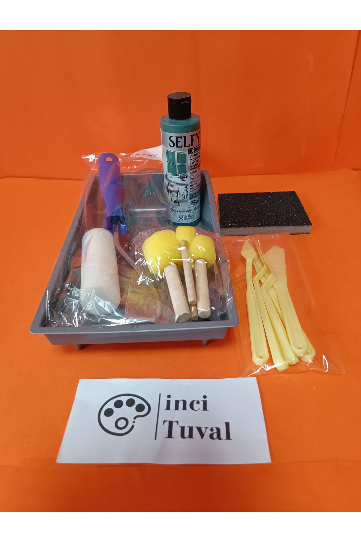 İNCİ TUVAL Mobilya Set Ahşap Boyama Selfy Decor Mikanos 240cc Boya Kendinden Vernik Ponpon Rulo Spatula