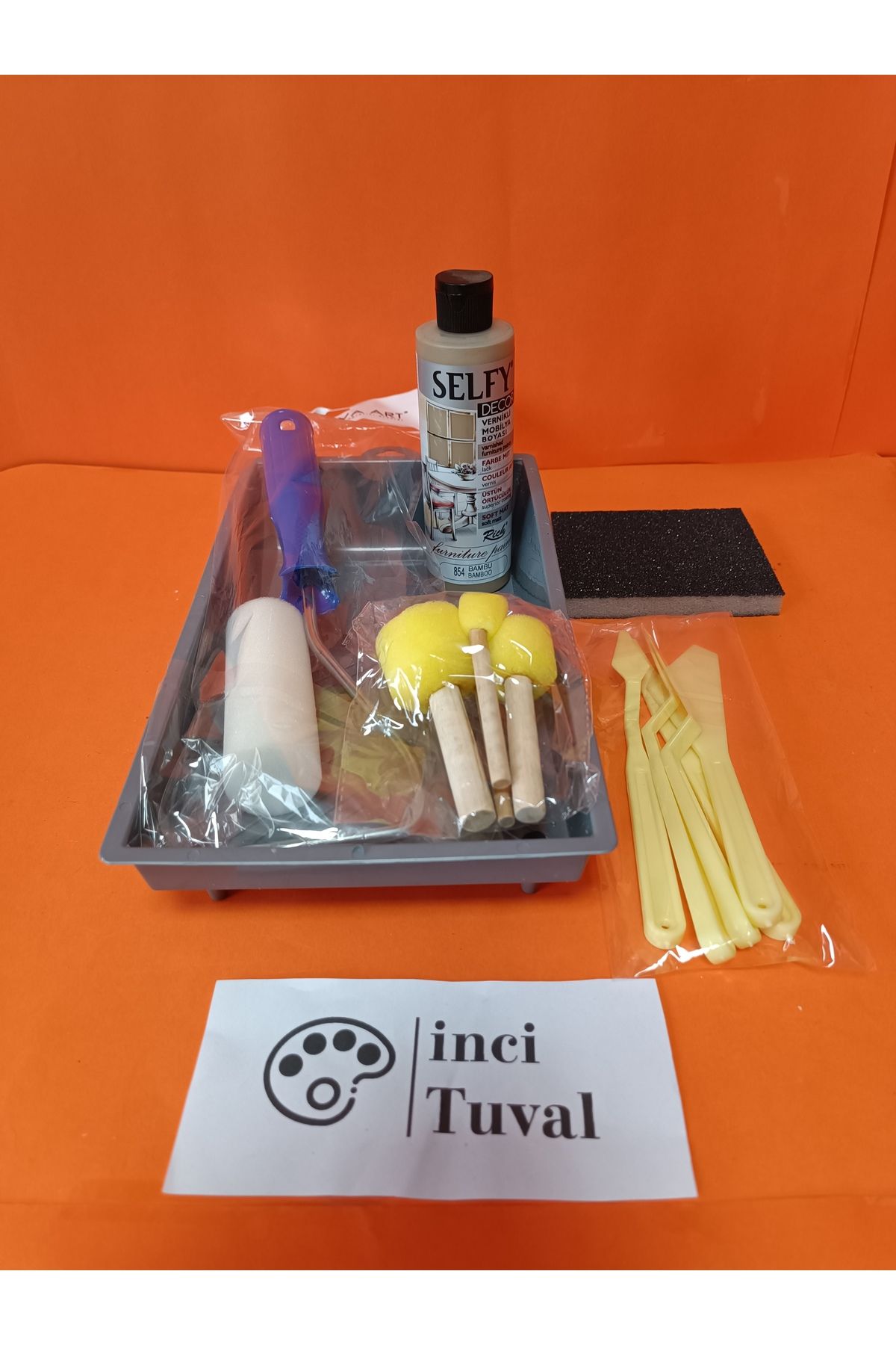 İNCİ TUVAL Mobilya Set Ahşap Boyama Selfy Decor Bambu 240cc Boya Kendinden Vernik Ponpon Rulo Spatula