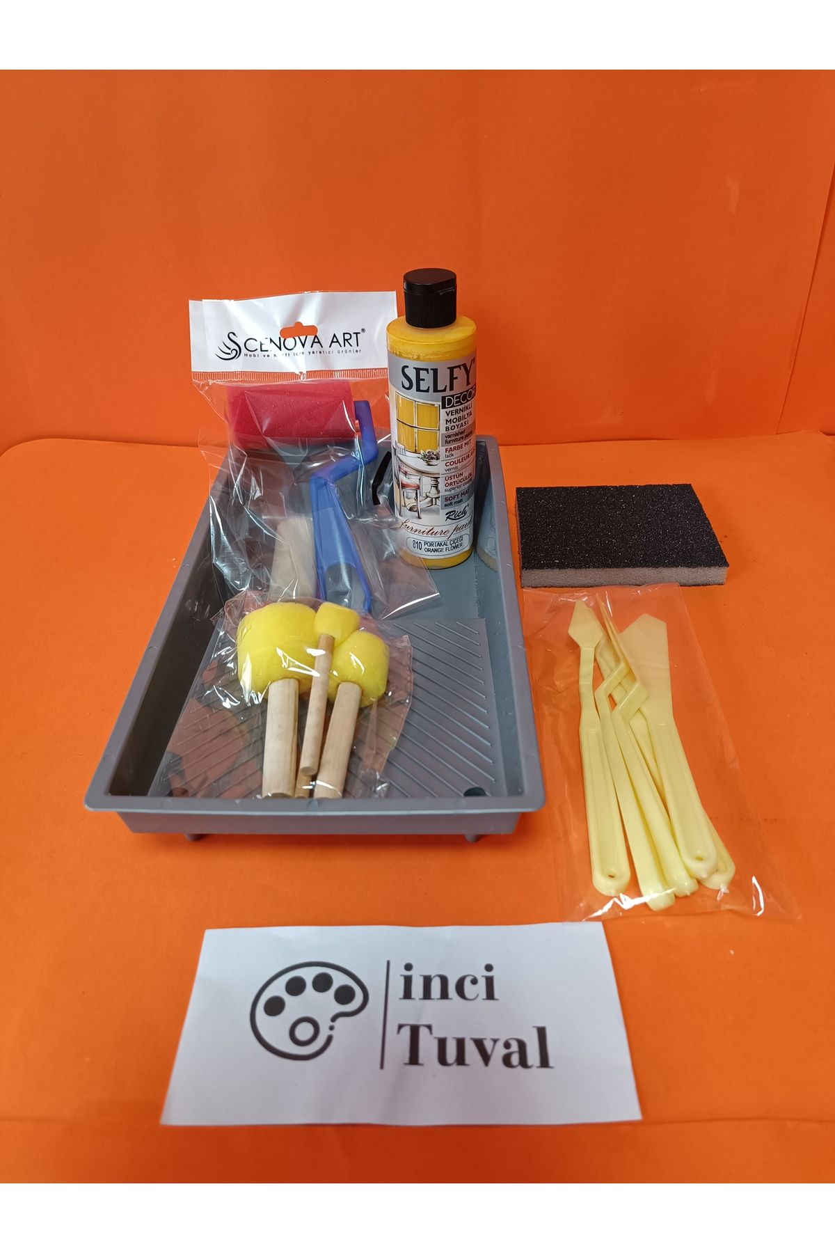 İNCİ TUVAL Mobilya Set Ahşap Boyama Selfy Decor Portakal Çiçeği 240cc Boya Kendinden Vernik Ponpon Çift Rulo