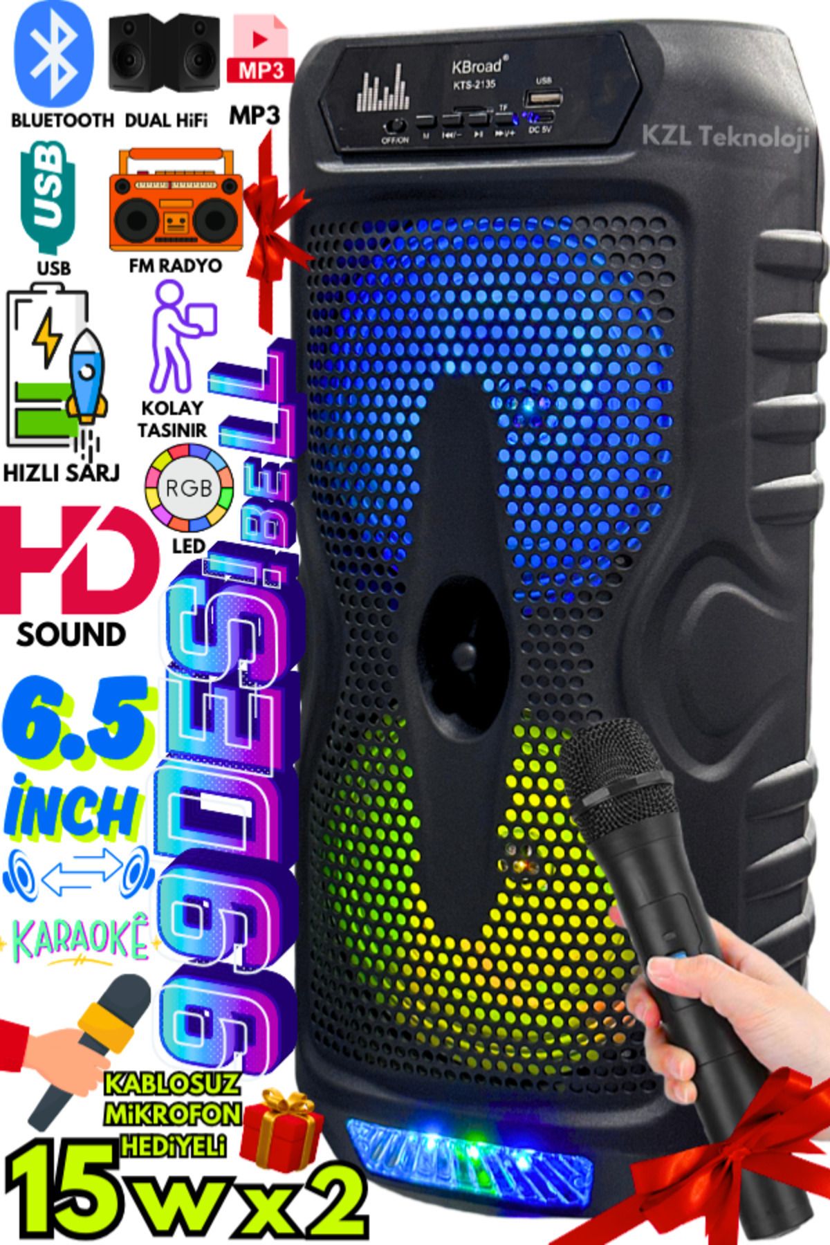 LEERFEI Bluetooth Hoparlör Parti Hoparlör Kablosuz Mikrofon USB/FM/BT RGB Led Portatif Type-C Şarj