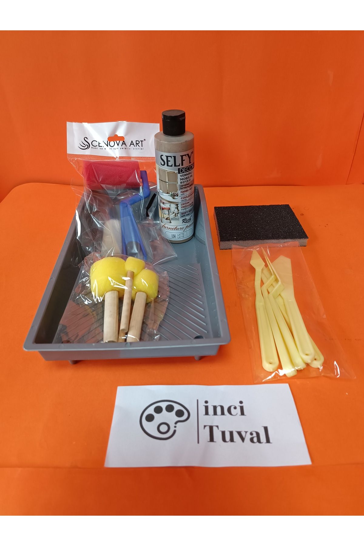 İNCİ TUVAL Mobilya Set Ahşap Boyama Selfy Decor Latte 240cc Boya Kendinden Vernik Ponpon Çift Rulo