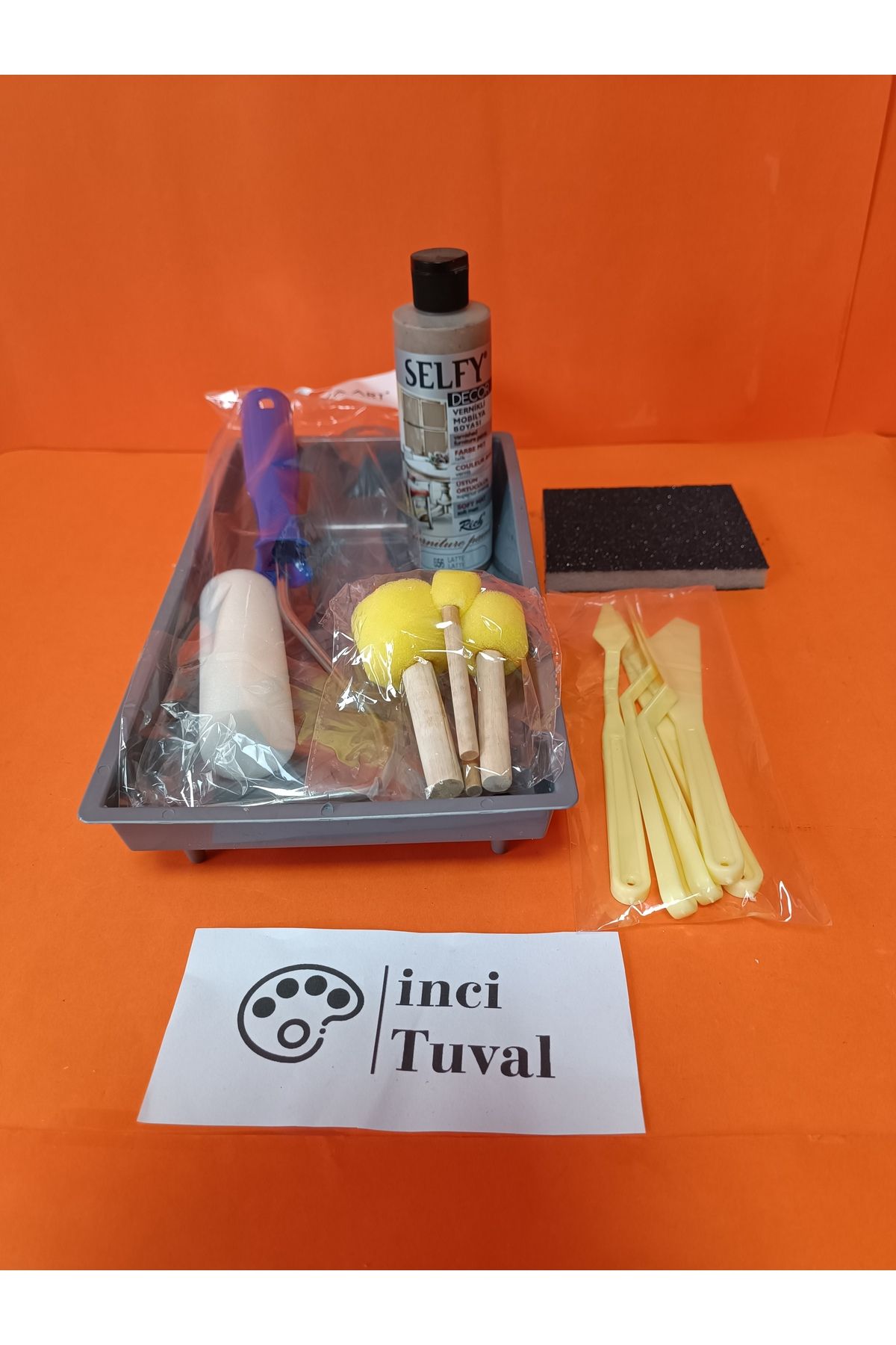 İNCİ TUVAL Mobilya Set Ahşap Boyama Selfy Decor Latte 240cc Boya Kendinden Vernik Ponpon Rulo Spatula