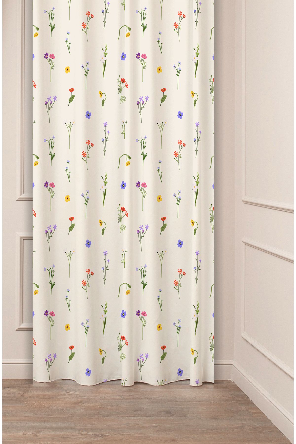 GREENDECOR Bohem Çiçekler Yaprak Bej Krem Desenli Özel Tasarım Dijital Baskılı (Tek Kanat) Modern Fon Perde