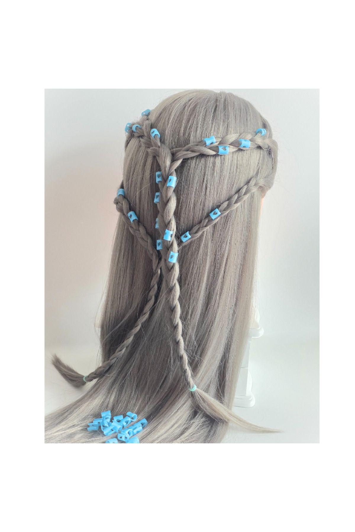 ZLBoutique-Set 50 de inele de păr, albastru fluorescent, cu aplicator, model inimă, 1x0.6cm, dreadlocks și împletitură 5
